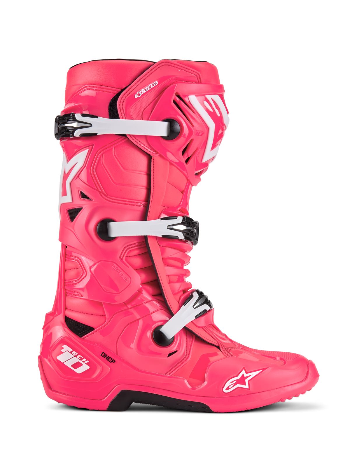 Alpinestars Tech 10 Stiefel, Motocross-Rennstiefel, Diva Pink und Weiß, Dreifach-Schnallensystem, CE-zertifizierter Schutz, strukturiertes kantiges Design mit weißen Stern-Logos und robuster schwarzer Sohle