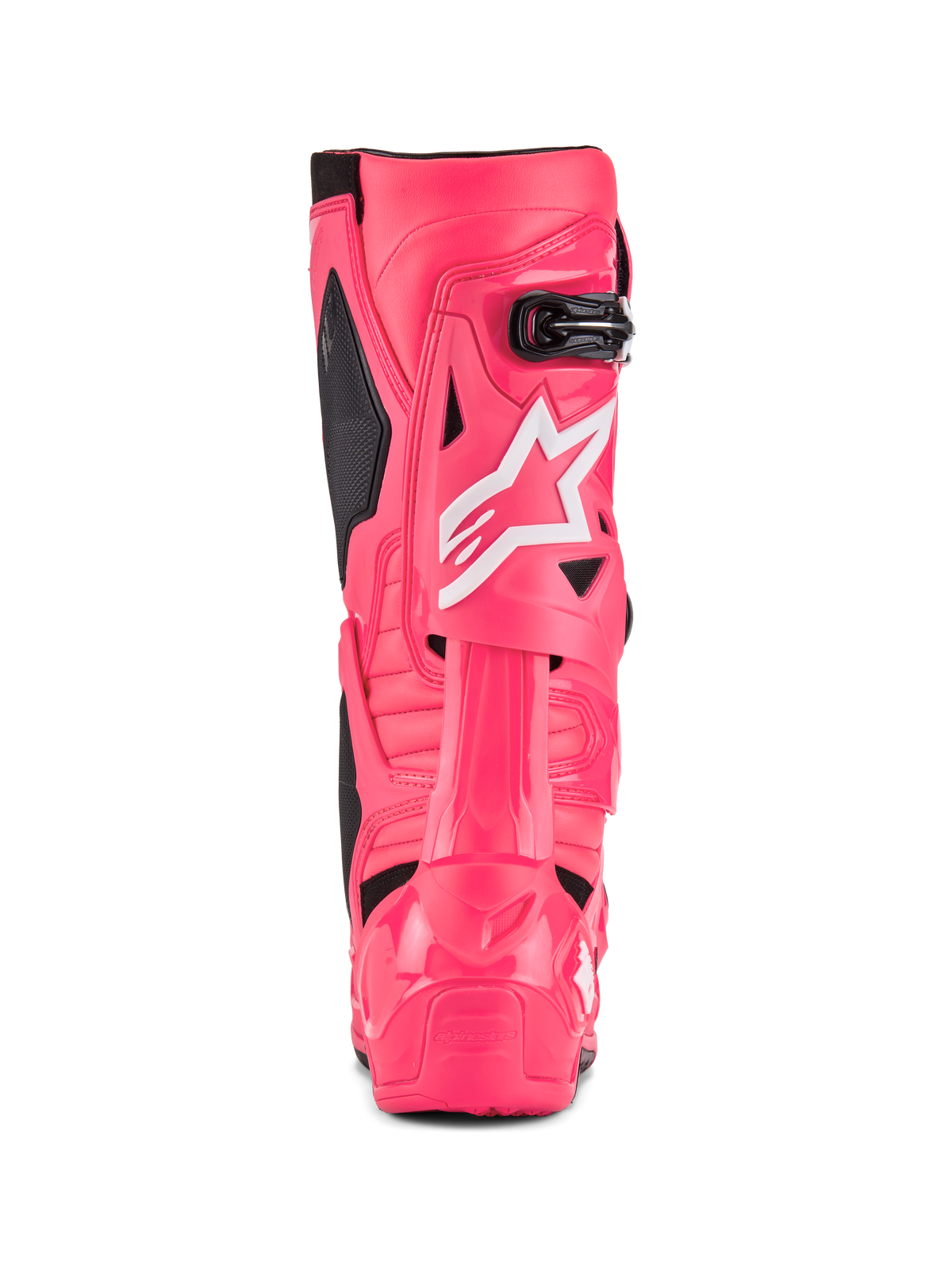 Alpinestars Tech 10 Stiefel, Motocross-Stiefel, Diva Pink und Weiß, Rückansicht mit weißem Alpinestars Stern-Logo, schwarzen Akzenten und strukturiertem Fersen- und Wadenschutz, professionelles Offroad-Rennschuhwerk