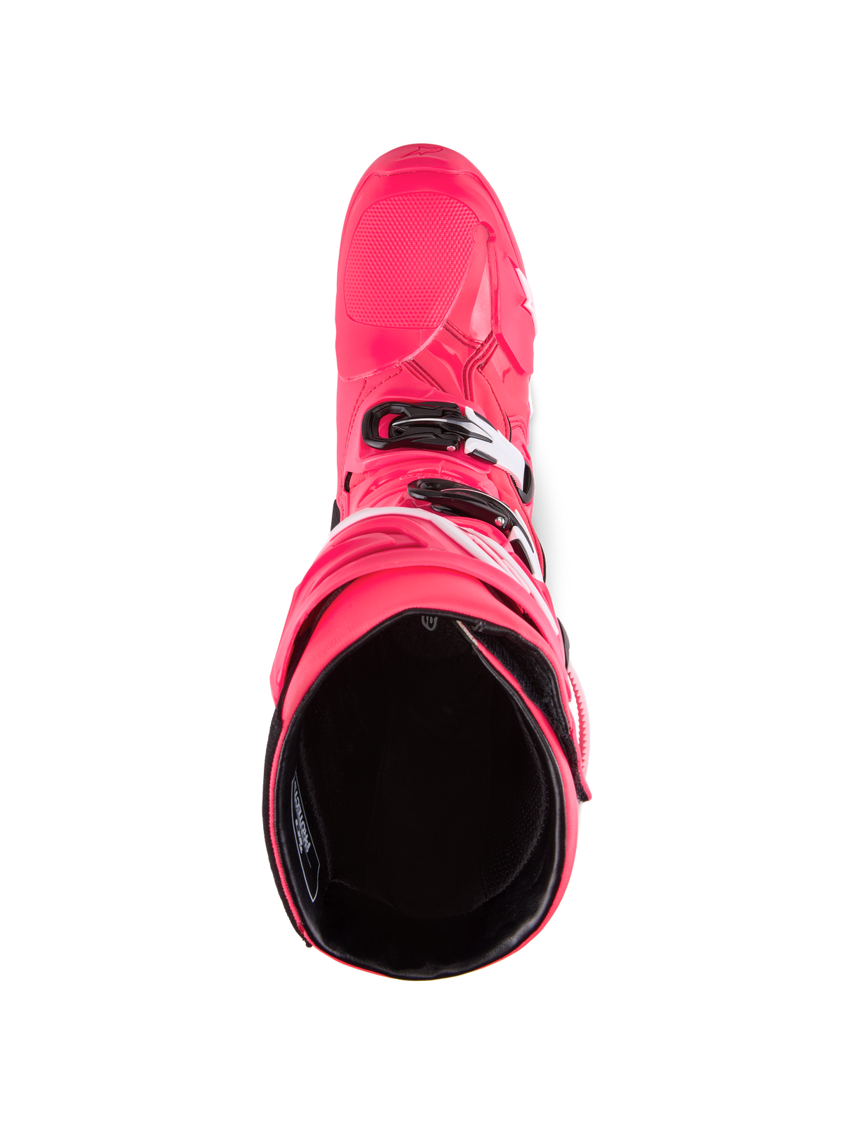 Alpinestars Tech 10 Stiefel, Motocross-Stiefel, Diva Pink und Weiß, Draufsicht mit Blick in das schwarze Innenfutter, pinkfarbene Außenschale mit weißen und schwarzen Schnallenakzenten, Hochleistungs-Offroad-Schuhwerk