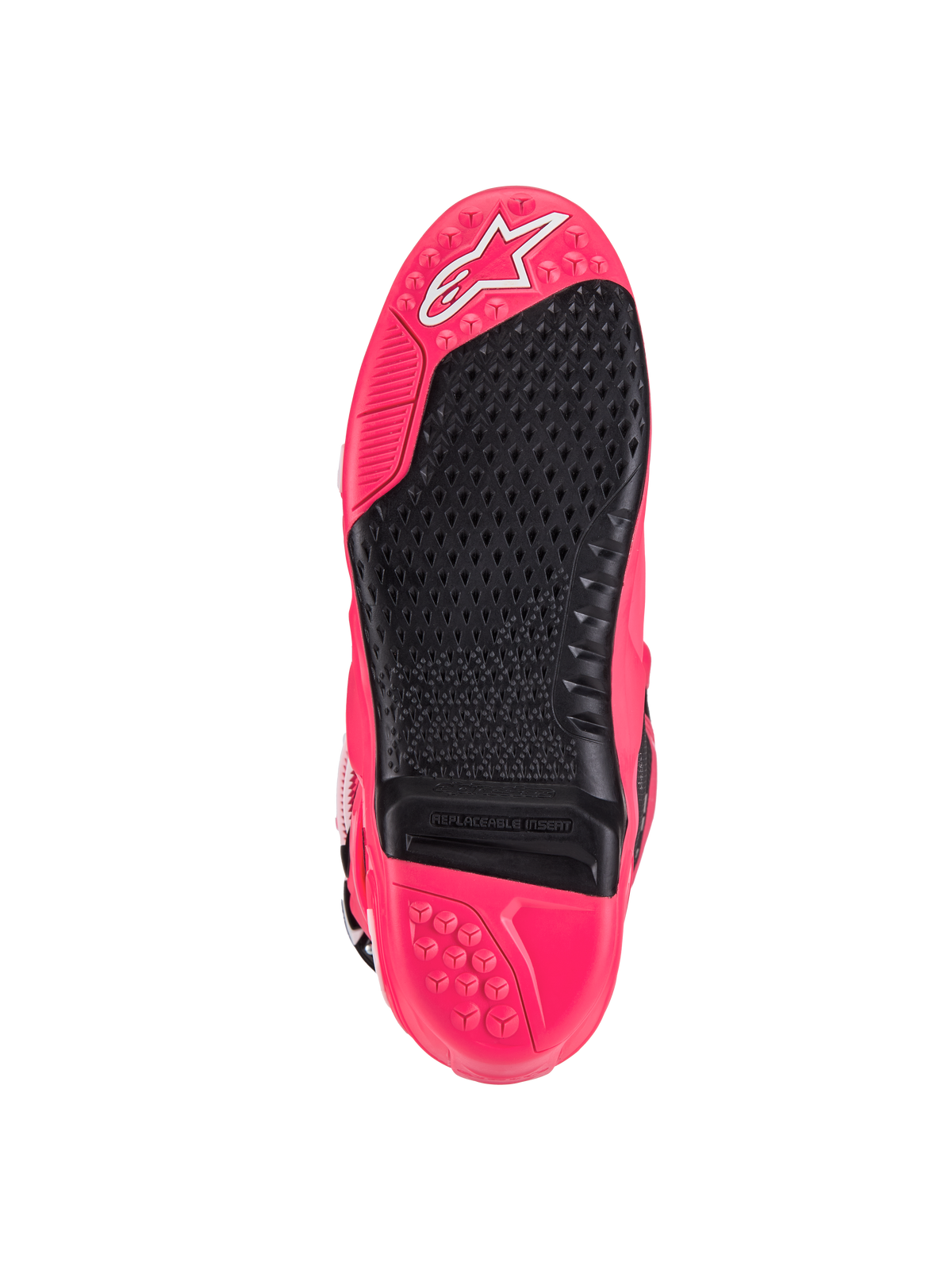 Alpinestars Tech 10 Stiefel, Motocross-Stiefel, Diva Pink und Schwarz, Sohlenansicht mit strukturiertem Profil, austauschbarem Fußrasteneinsatz und charakteristischem Astars-Logo, entwickelt für überlegenen Grip und Langlebigkeit