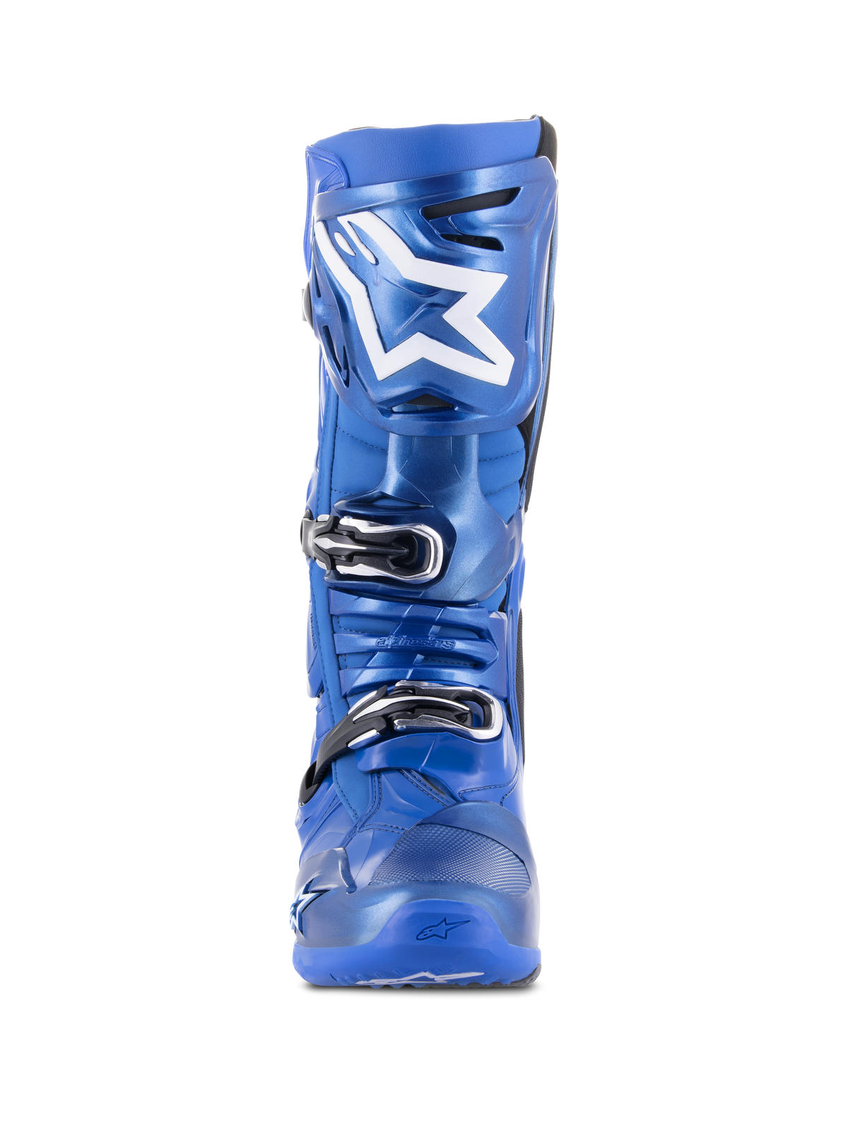 Alpinestars Tech 10 Motocross-Stiefel, Blau und Schwarz, Vorderansicht, mit weißem Astars-Logo auf der Schienbeinplatte, schwarz-silbernes Dreifach-Schnallen-Verschlusssystem, strapazierfähige TPU-Schalenkonstruktion für Offroad-Performance