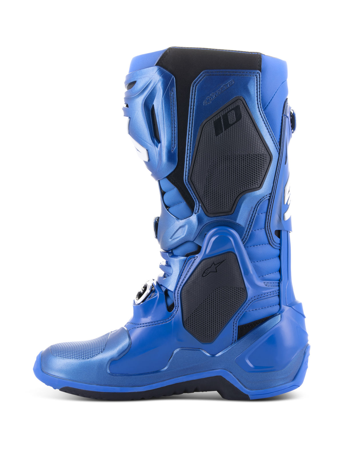 Alpinestars Tech 10 Stiefel, Motocross-Stiefel, Metallic-Blau und Schwarz, Seitenprofilansicht mit schwarzen Schutzpaneelen und metallic-blauem Finish, fortschrittliches technisches Design für den professionellen Motocross-Rennsport