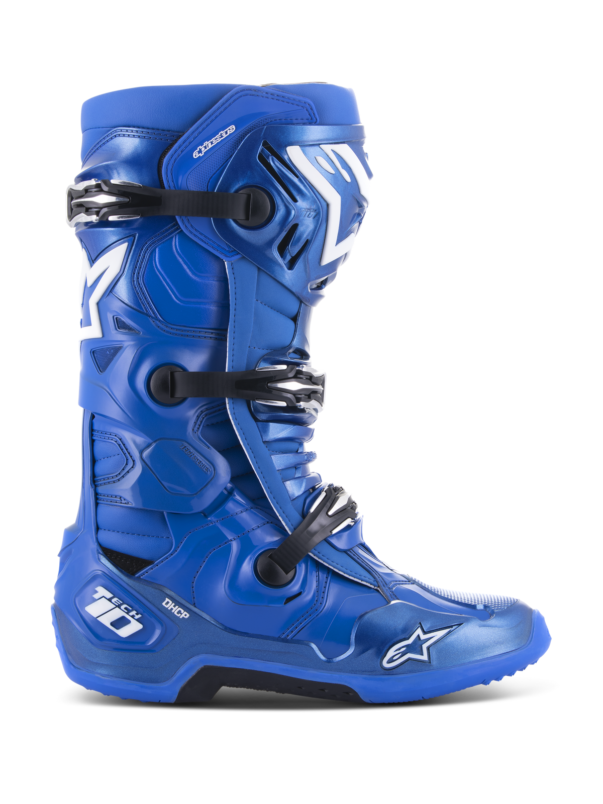 Alpinestars Tech 10 Motocross-Stiefel, Blau mit weißen und schwarzen Akzenten, Seitenprofil, Dreifach-Schnallen-Verschlusssystem, DHCP-Fersenschutz, Stern-Logo und Tech 10-Branding, robuste griffige Sohle, professionelle Offroad-Rennausrüstung