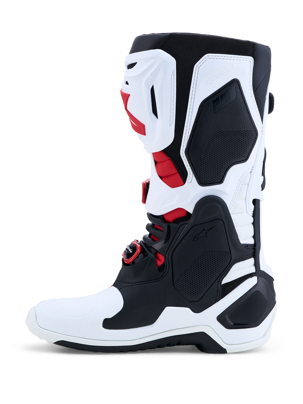 Alpinestars Tech-10 Motocross-Stiefel, Weiß und Schwarz mit Rot, CE-zertifizierte TPU-Schale für Profi-Offroad-Rennen.