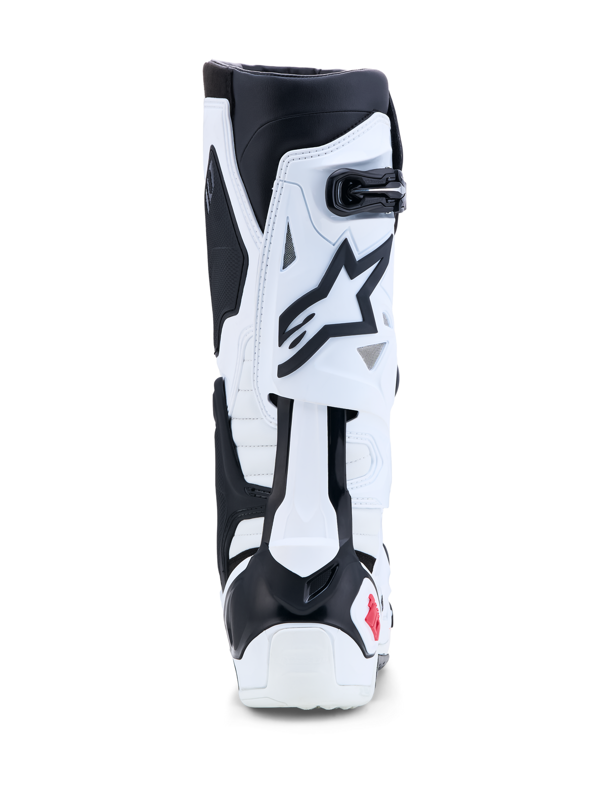 Alpinestars Tech-10 Motocross-Stiefel in Weiß und Schwarz mit Kontrolle der hinteren Klingen-Hyperextension.