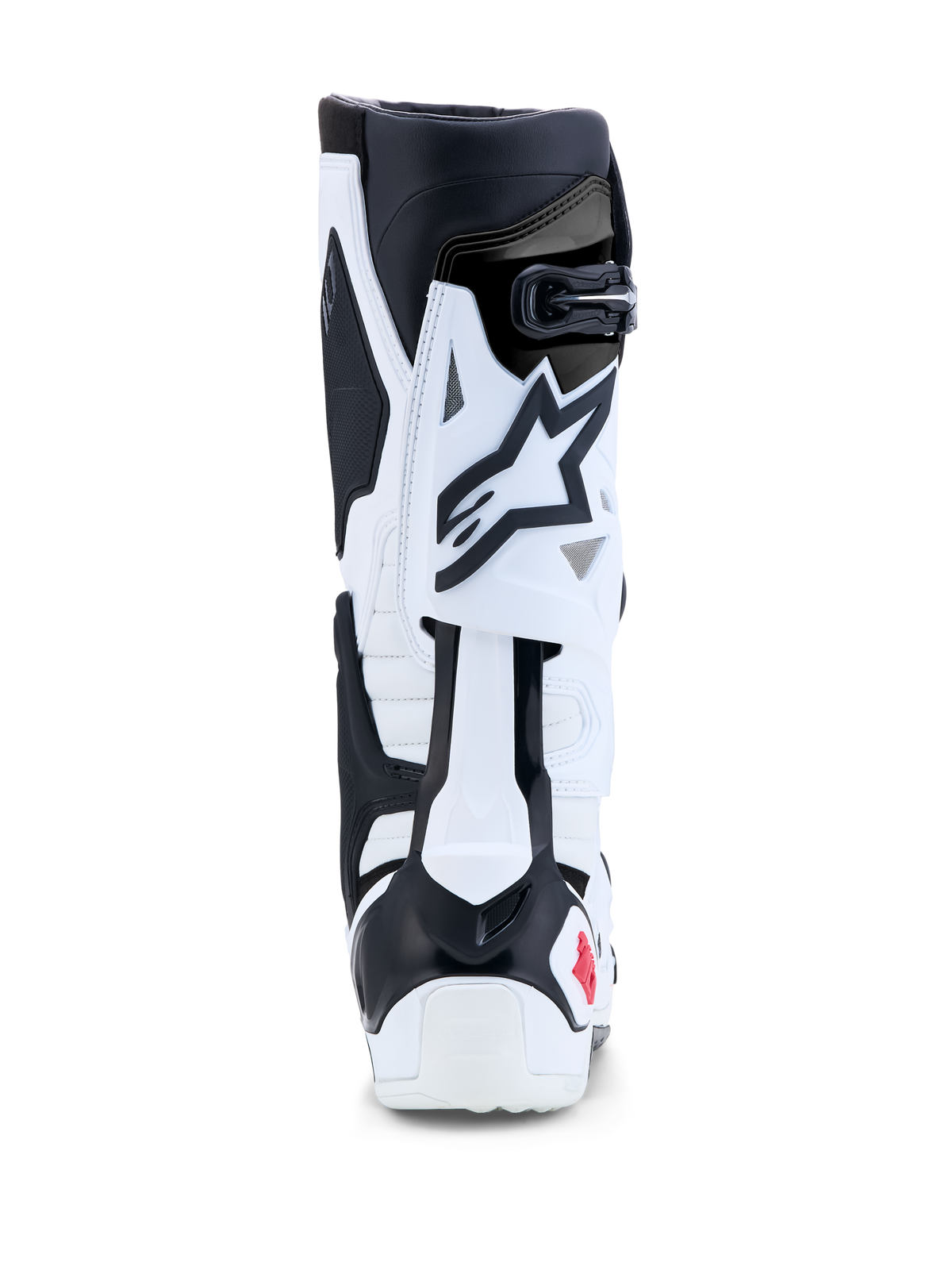 Alpinestars Tech 10 Boots, Motocross and Off-Road Racing Boots, White and Black with Red accents, rear view showcasing TPU rear blade flexion control and heel protection.