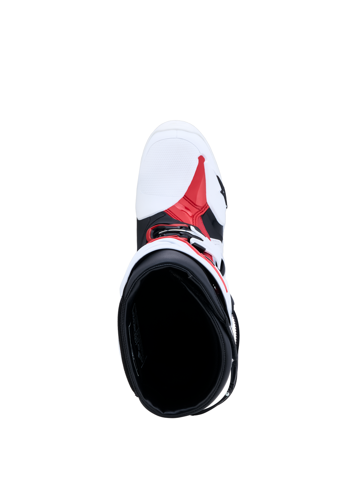 Alpinestars Tech-10 Stiefel in Weiß, Schwarz und Rot, Draufsicht auf Innenfutter und TPU-Chassis für Motocross.