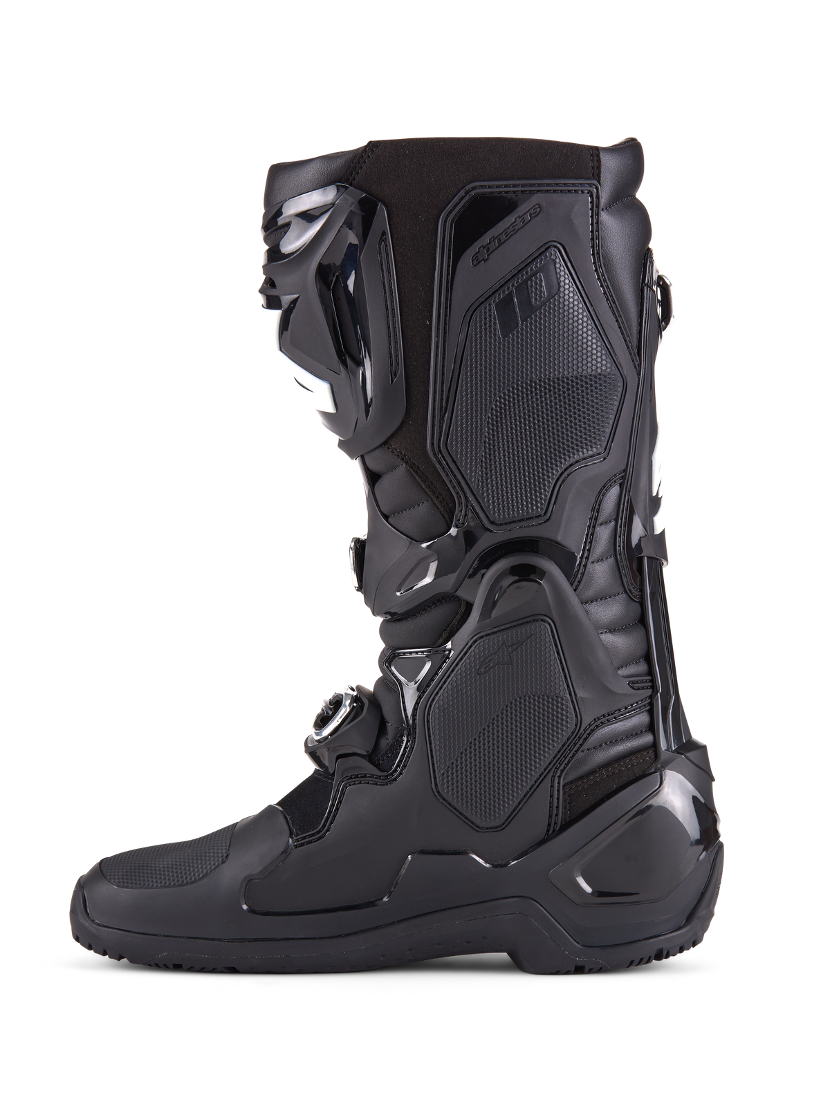 Alpinestars Tech 10 Enduro Stiefel, Ganz in Schwarz, Seitenansicht eines Hochleistungs-Motocross-Stiefels, mit langlebigen TPU-Schutzpaneelen, Dreifach-Schnallenverschluss-System und fortschrittlicher Flex-Kontrolle für den Offroad-Rennsport