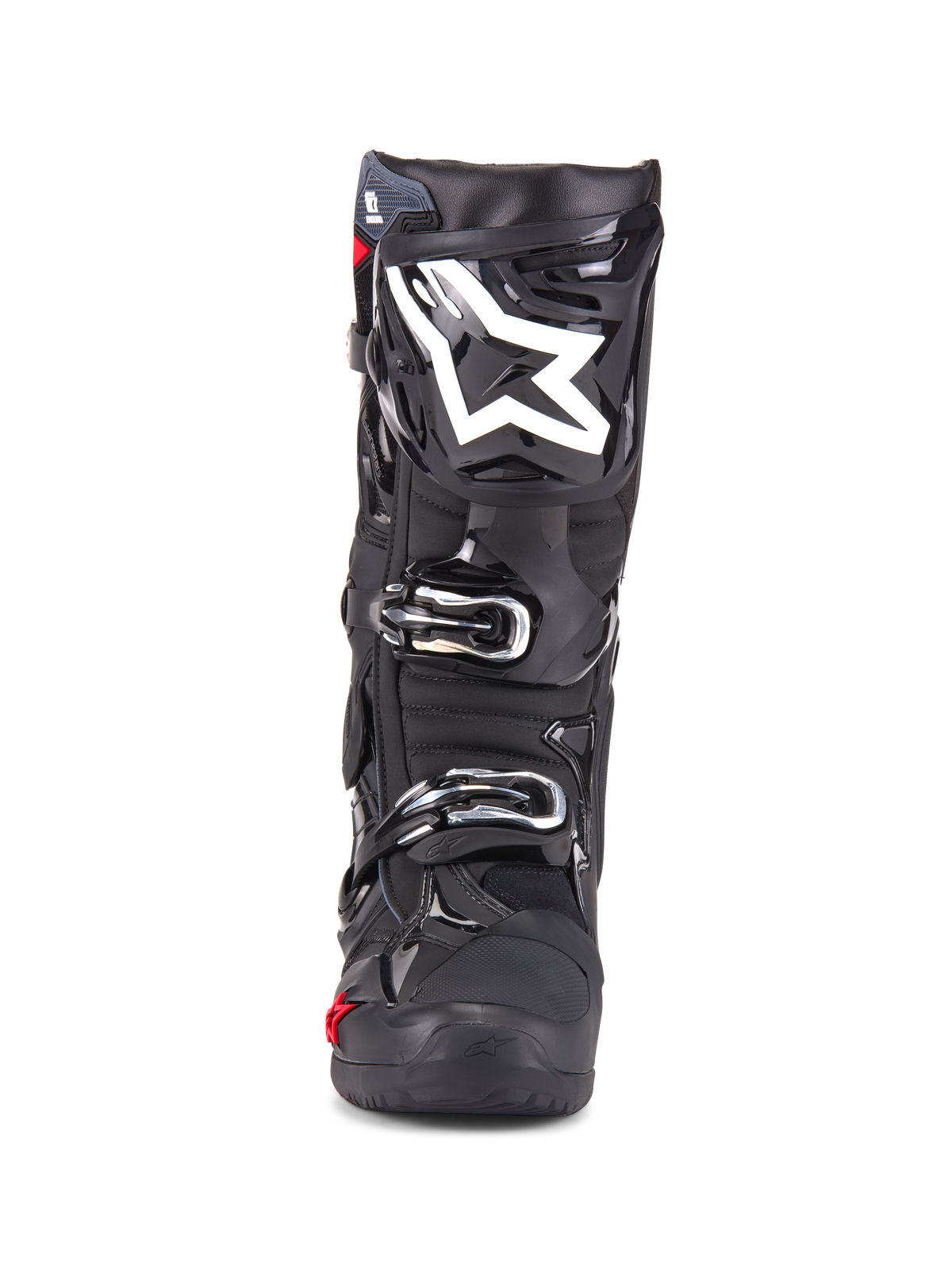 Alpinestars Tech 10 Enduro Stiefel, Motocross-Stiefel, Schwarz, Vorderansicht mit weißem Stern-Logo auf dem Schienbein, silberne Schnallen, elegantes schwarzes Finish mit robusten Schutzpaneelen, Hochleistungsschuhwerk für das Offroad-Fahren