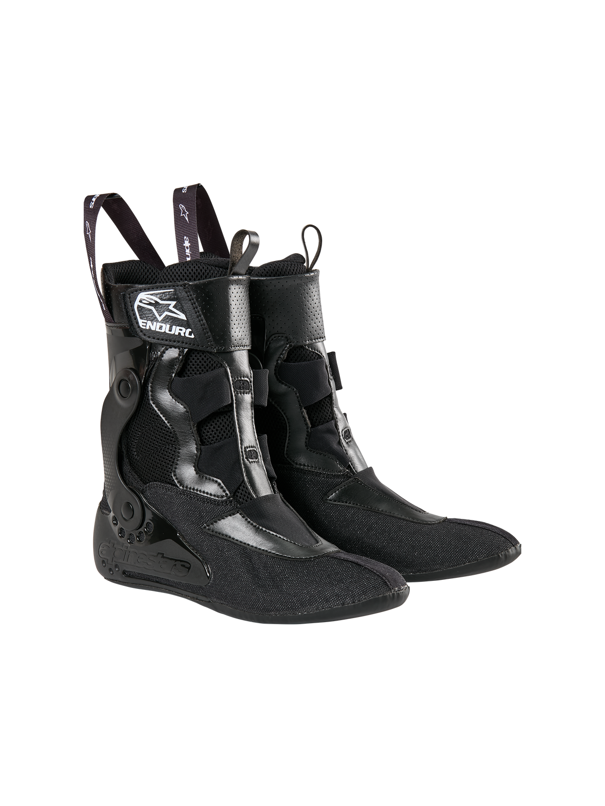 Alpinestars Tech 10 Enduro Stiefel Innenschuhe, Schwarz, mit Textil- und Mesh-Konstruktion, weißem Alpinestars-Logo und „ENDURO“-Branding, Schlaufen mit Stern-Logos und einem strukturierten internen Knöchelstütz-Design für Motocross-Performance