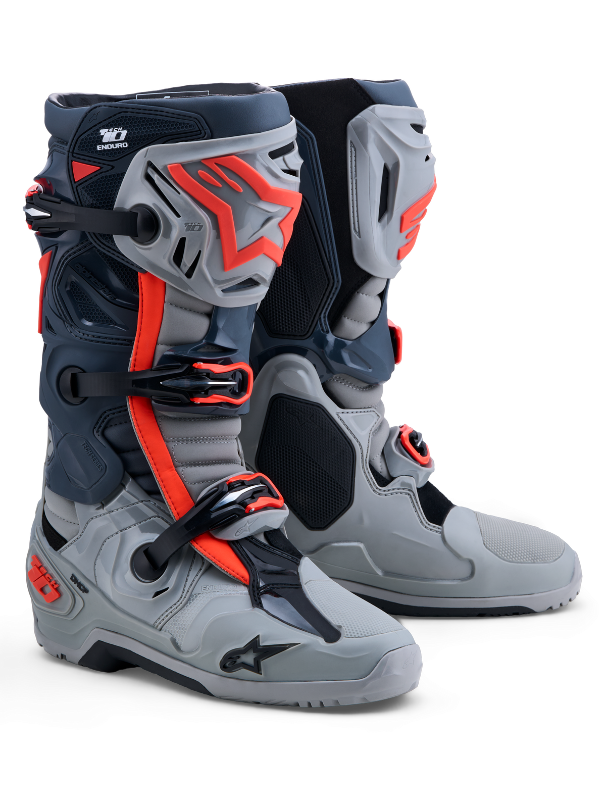 Alpinestars Tech-10 Enduro Stiefel, Offroad-Stiefel für Herren in Grau und Rot Fluo, mit TPU-Schutz und CE-Zertifizierung.