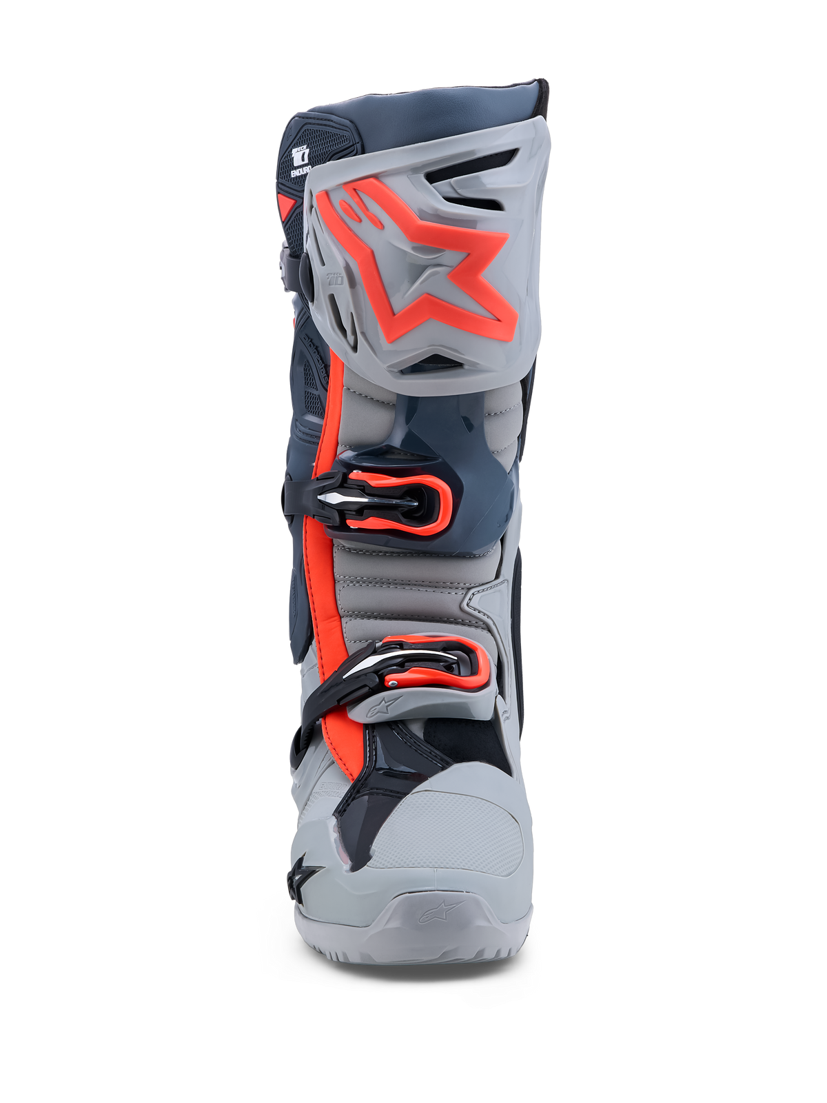 Alpinestars Tech-10 Enduro Stiefel, Motocross-Stiefel, Grau und Rot Fluo, Dreifachschnallenverschluss und TPU-Schienbeinplatte.