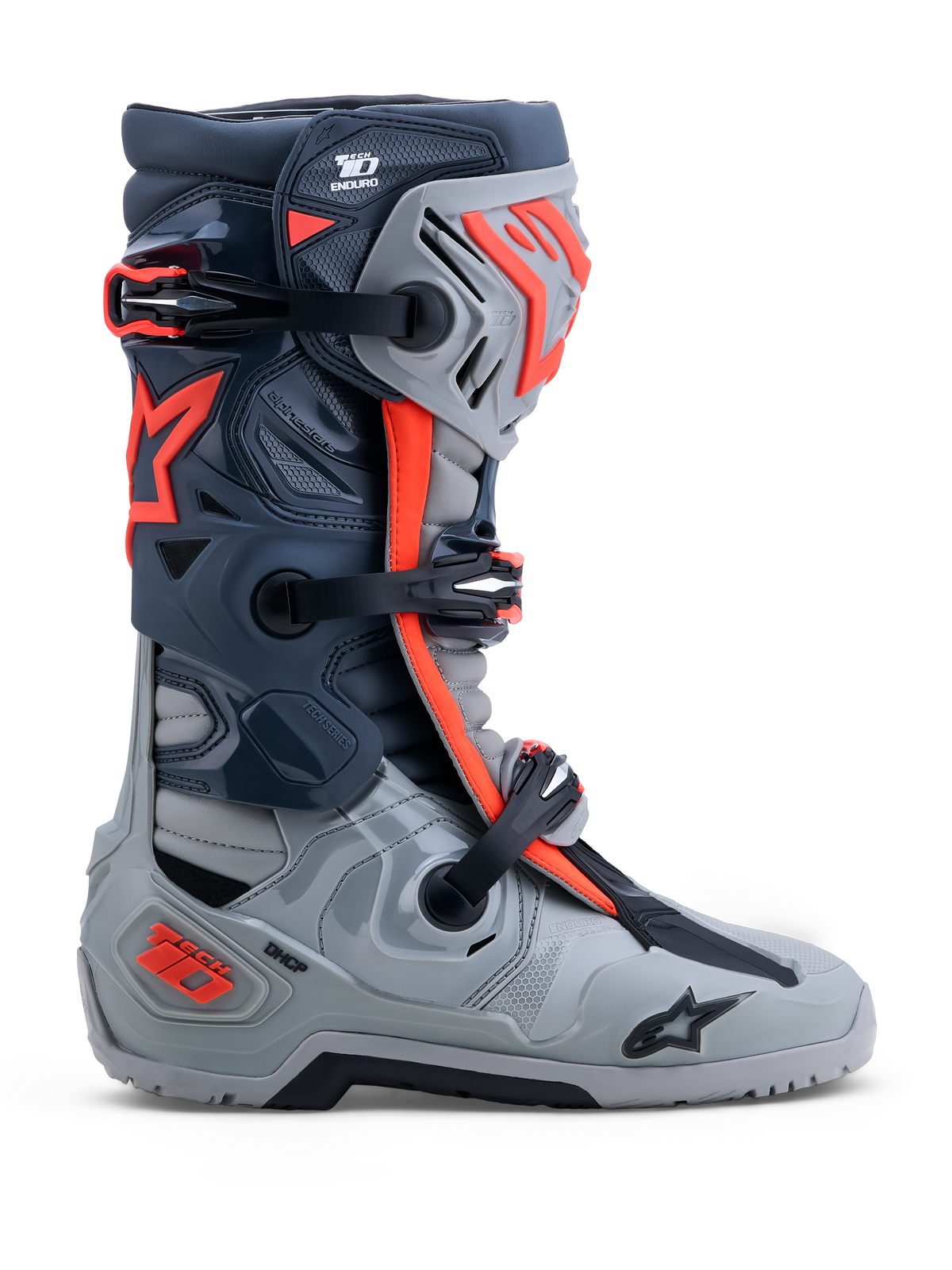 Alpinestars Tech-10 Enduro Stiefel, Offroad-Rennstiefel in Grau und Neonrot mit DCHP- und TPU-Schutz.