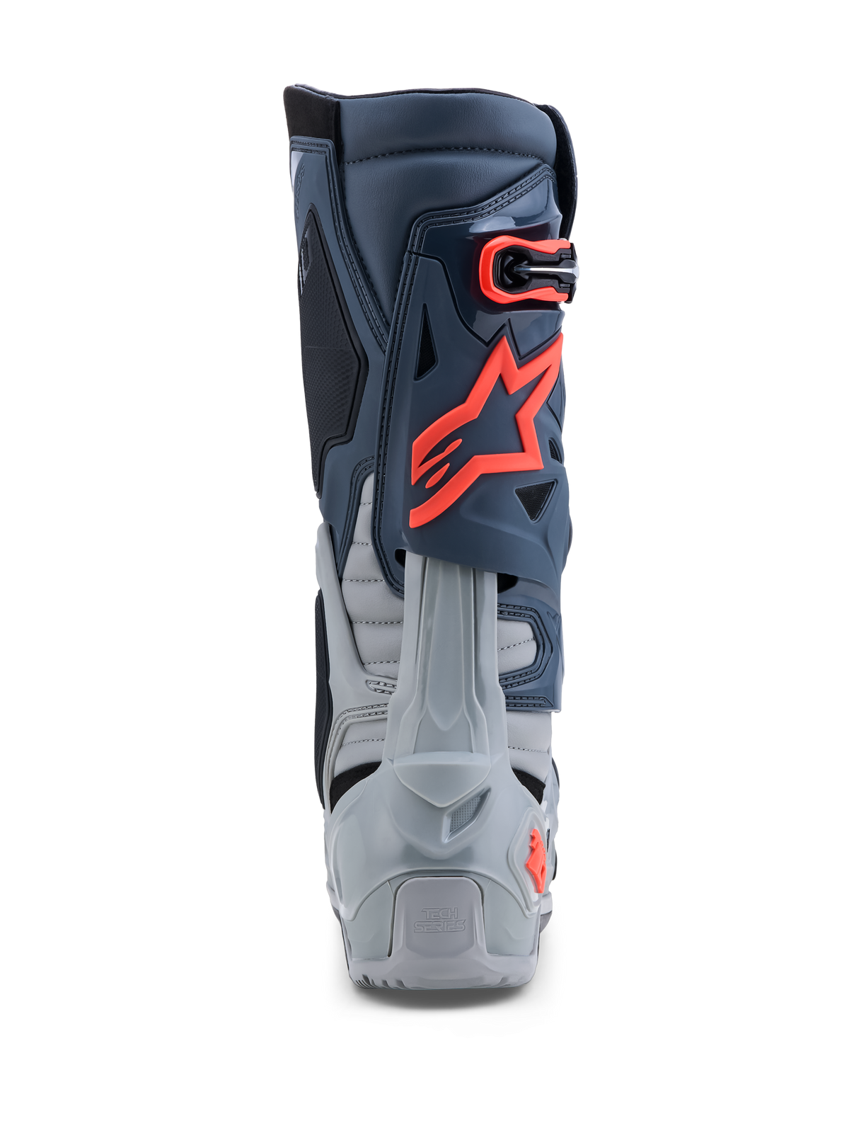 Alpinestars Tech-10 Enduro Stiefel, Grau und Rot Fluo, Rückansicht mit Fersenschutz, TPU-Konstruktion, Offroad-Motorradstiefel.