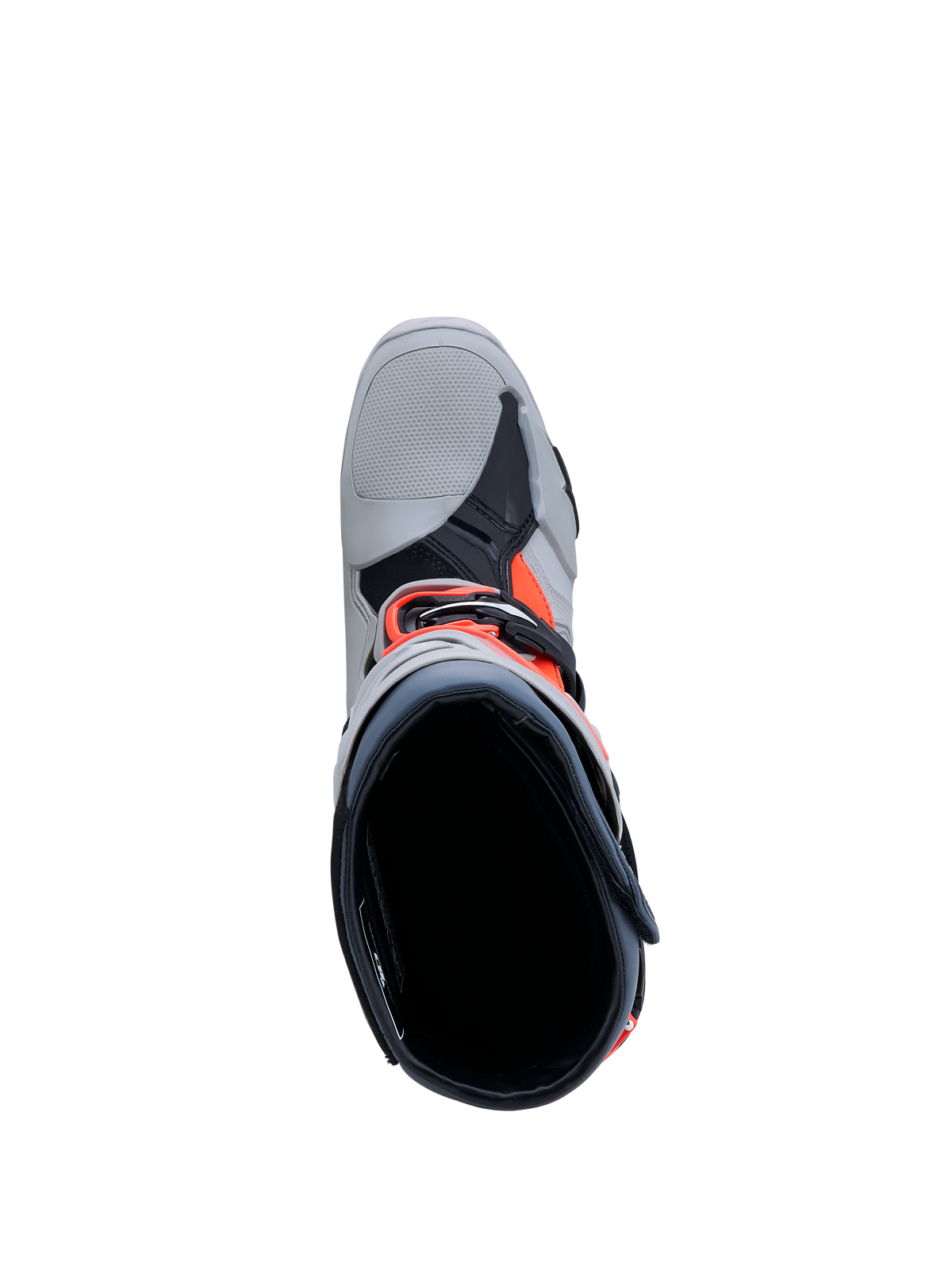 Alpinestars Tech-10 Enduro Stiefel, Herren-Motocross-Stiefel in Grau und Rot Fluo, Draufsicht zeigt Innenfutter und Schnallen.