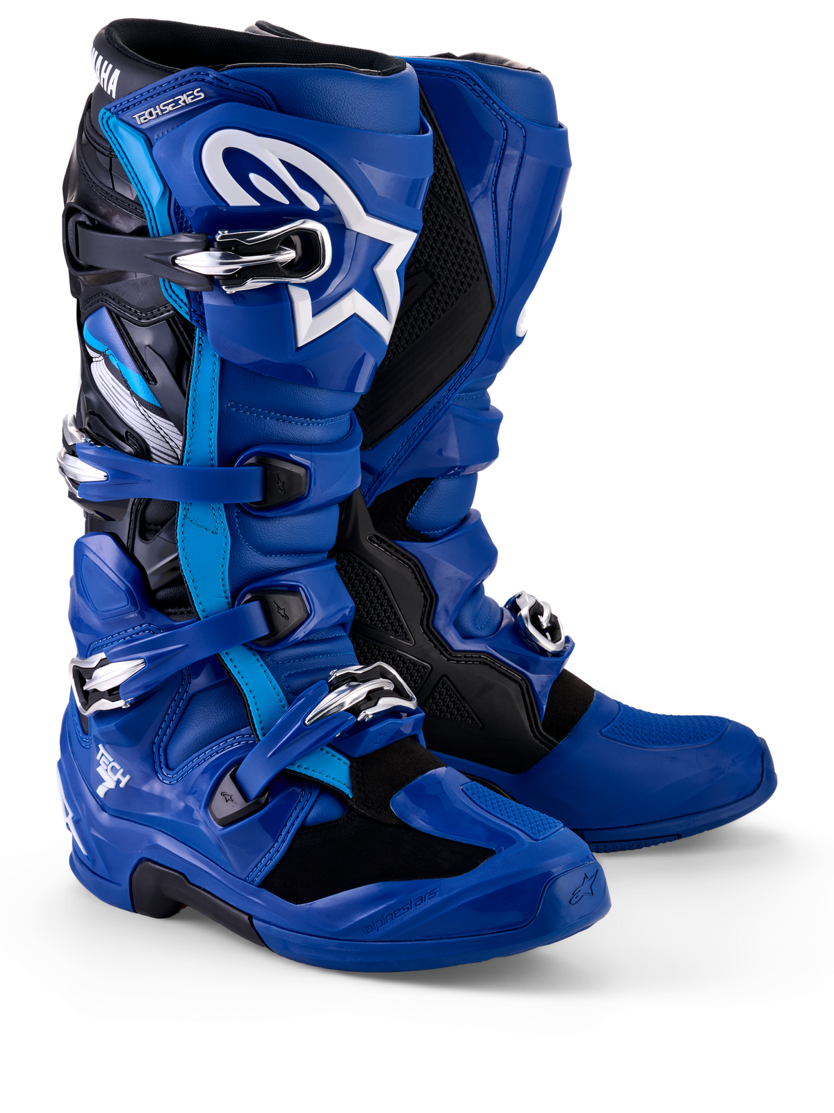 Alpinestars Yamaha Tech 7 Stiefel, Motocross-Stiefel, Blau, Schwarz und Weiß, mit Mehrfach-Schnallenverschlusssystem, TPU-Schienbeinplatte mit weißem Astar-Logo und Yamaha-Branding an der oberen Gamasche, entwickelt für Offroad-Performance