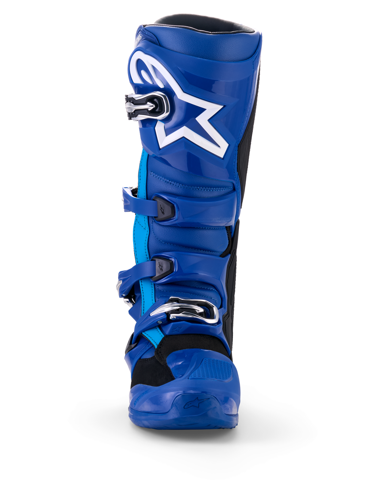 Alpinestars Yamaha Tech 7 Stiefel, Motocross-Stiefel, Blau und Weiß, Vorderansicht, mit weißem Astar-Logo, silbernem Schnallensystem und robuster TPU-Schutzschale für Dirt-Bike-Rennen
