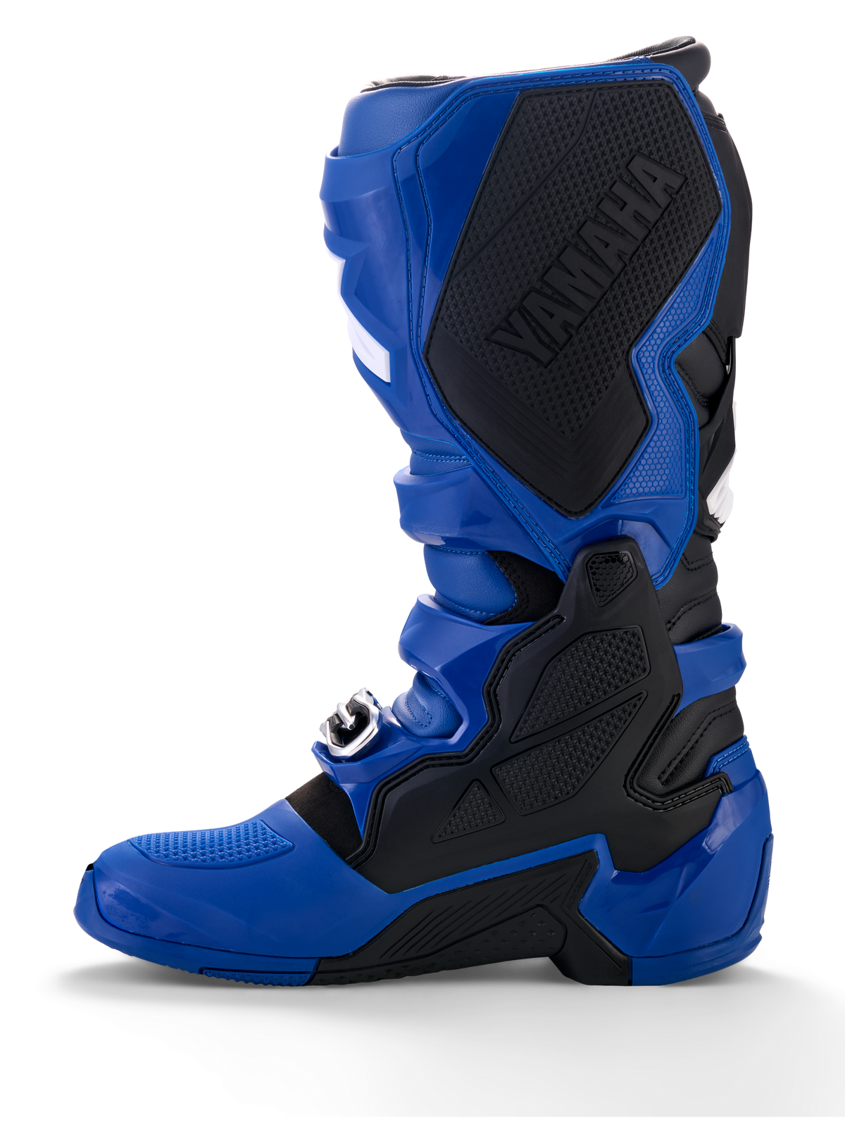 Alpinestars Yamaha Tech 7 Stiefel, Motocross-Stiefel, Blau und Schwarz, mit einem großen schwarzen Yamaha-Logo auf der Innenseite, TPU-Schutzpanzerung und einer robusten Sohle für Offroad-Performance