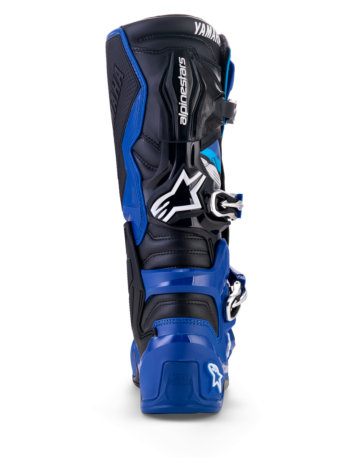 Rückansicht der Alpinestars Yamaha Tech 7 Stiefel in Blau, Schwarz und Weiß, mit einer schützenden TPU-Schale, einem Gelenksystem am Knöchel und markanten Alpinestars- und Yamaha-Logos, entwickelt für Motocross- und Offroad-Fahrten.