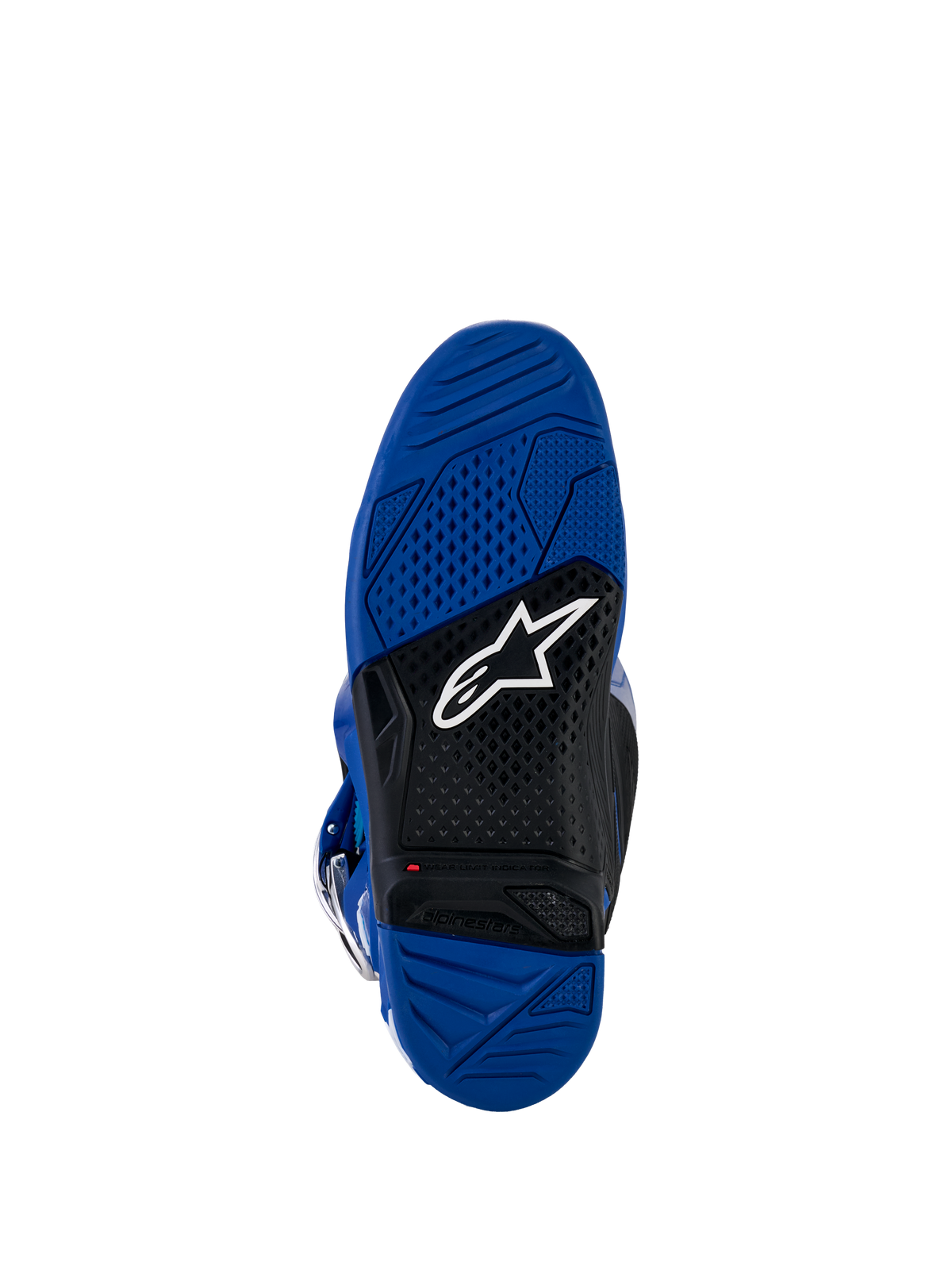 Alpinestars Yamaha Tech 7 Stiefel, Motocross-Stiefel, Sohlenansicht in Blau und Schwarz, Außensohle aus vulkanisiertem Doppelkomponenten-Gummi mit strukturiertem Gripmuster, weißem Alpinestars-Logo und rotem Verschleißindikator