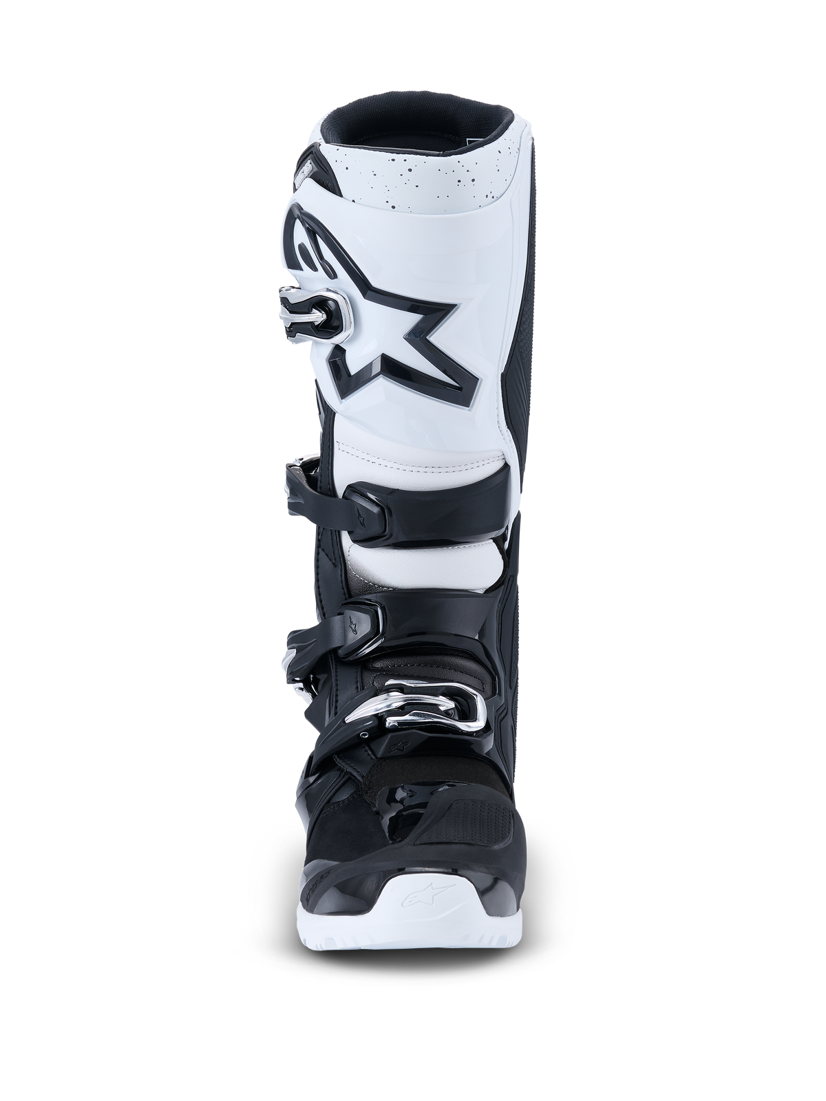 Alpinestars 2026 Tech 7 Enduro Stiefel, Motocross-Stiefel, Schwarz und Weiß, Vorderansicht mit weißer Schienbeinplatte, schwarzem Stern-Logo, Vier-Schnallen-Verschlusssystem und strapazierfähiger weißer Außensohle