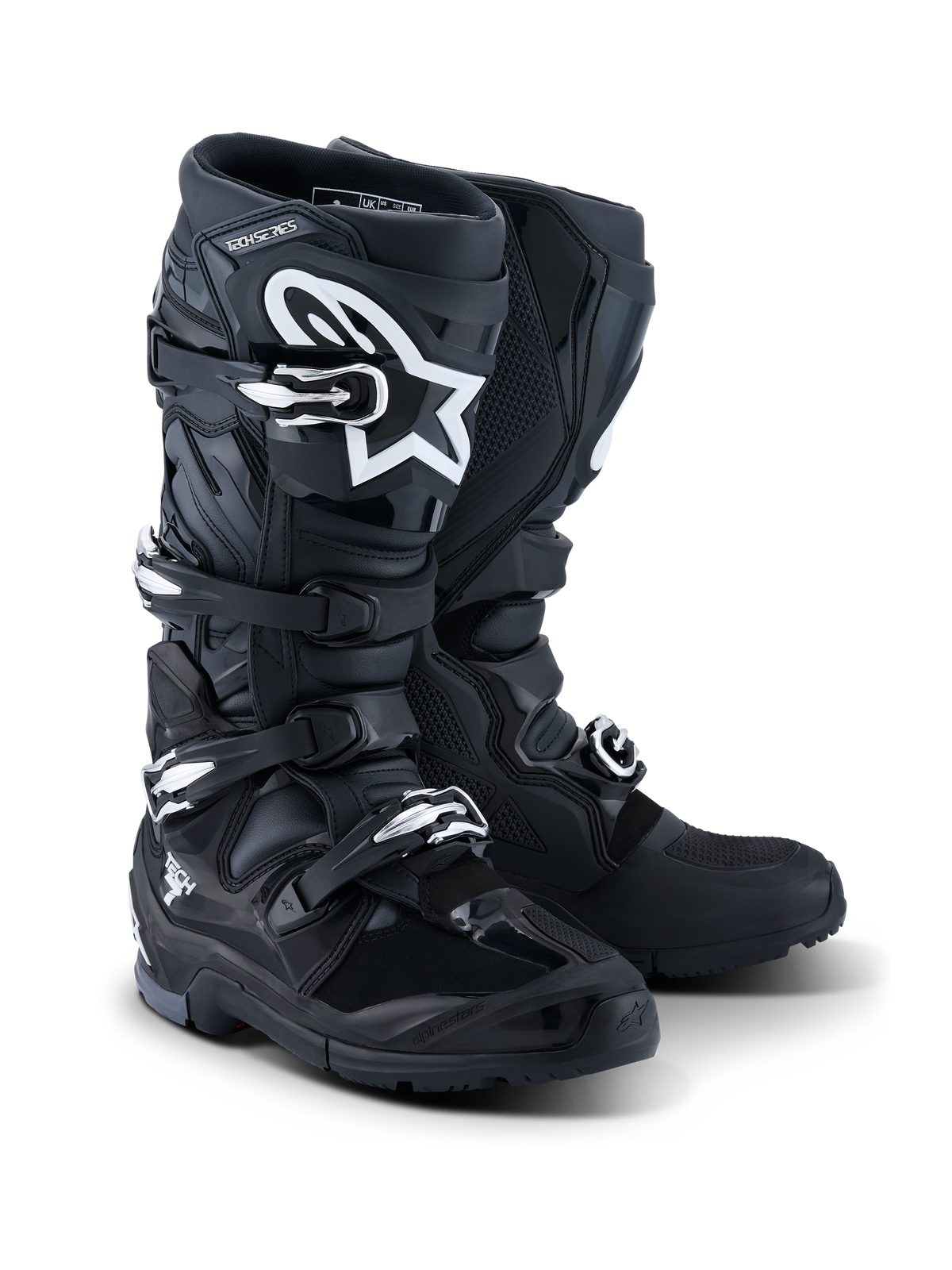 Alpinestars 2026 Tech 7 Enduro Stiefel, Motorrad-Enduro-Stiefel, Schwarz, Anthrazit und Weiß, mit einem Vier-Schnallen-Verschlusssystem, weißem A-Star-Logo auf der Schienbeinplatte, robuster Dual-Compound-Sohle für Offroad-Traktion