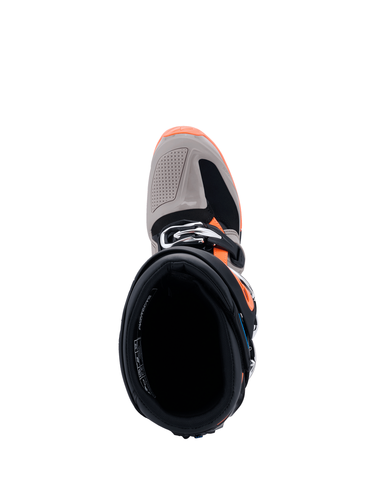 Alpinestars 2026 Tech 7 Enduro Stiefel, Draufsicht mit Blick in die Stiefelöffnung, Schwarz, Warm Gray und Orange Fluo, zeigt den Schnallenverschluss und die verstärkte Zehenkappe, professionelle Offroad-Motorradstiefel