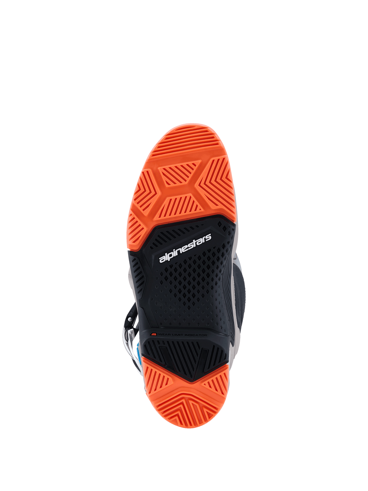 Alpinestars 2026 Tech 7 Enduro Stiefel, Unteransicht der speziellen Dual-Compound-Sohle, Schwarz und Orange Fluo, aufwendiges Profilmuster für überlegenen Offroad-Grip, mit Alpinestars-Branding und Verschleißgrenzen-Indikator.