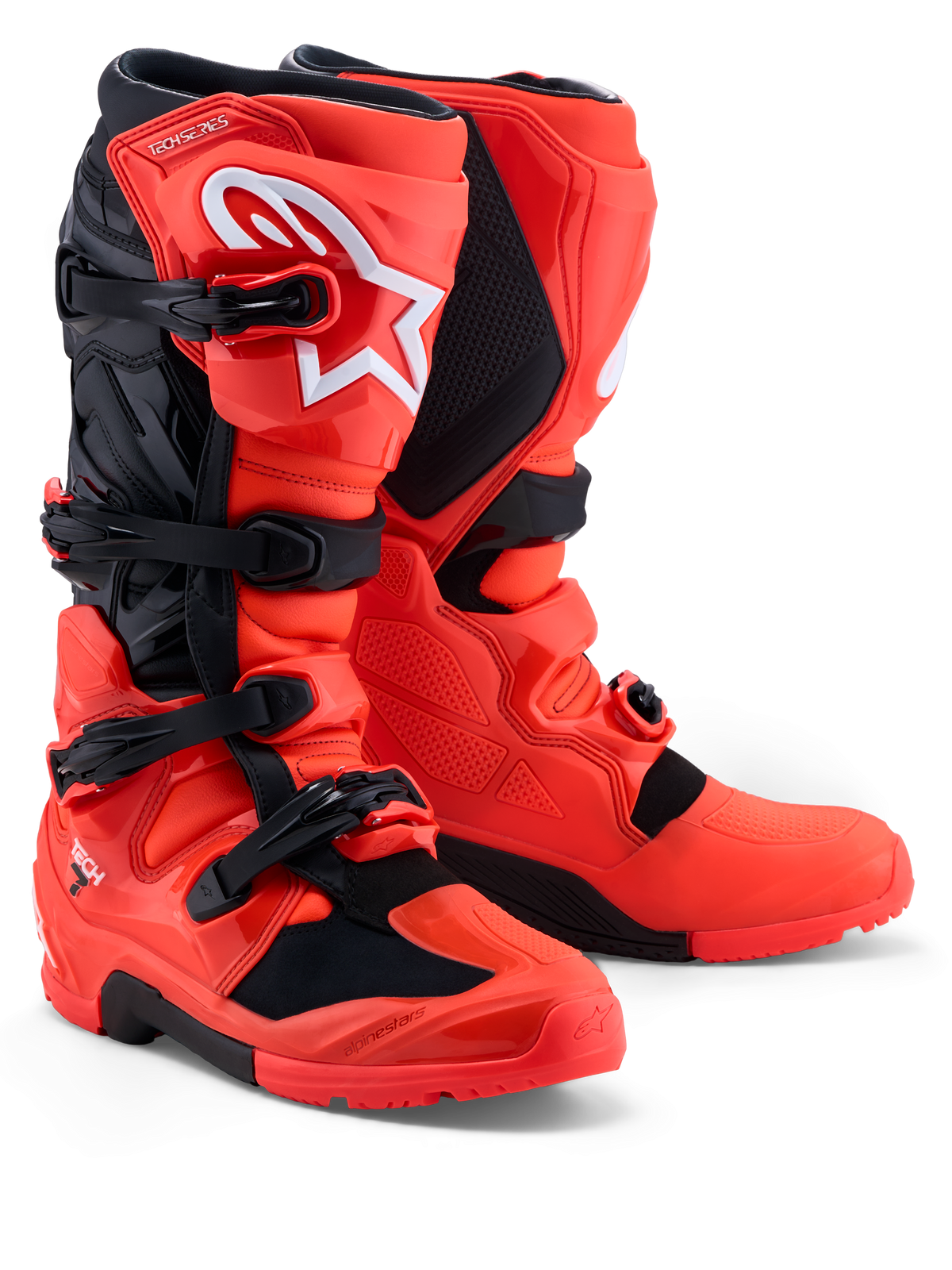Alpinestars Tech 7 Enduro Boots, red and black off-road motocross boots with TPU protection and a secure buckle system.