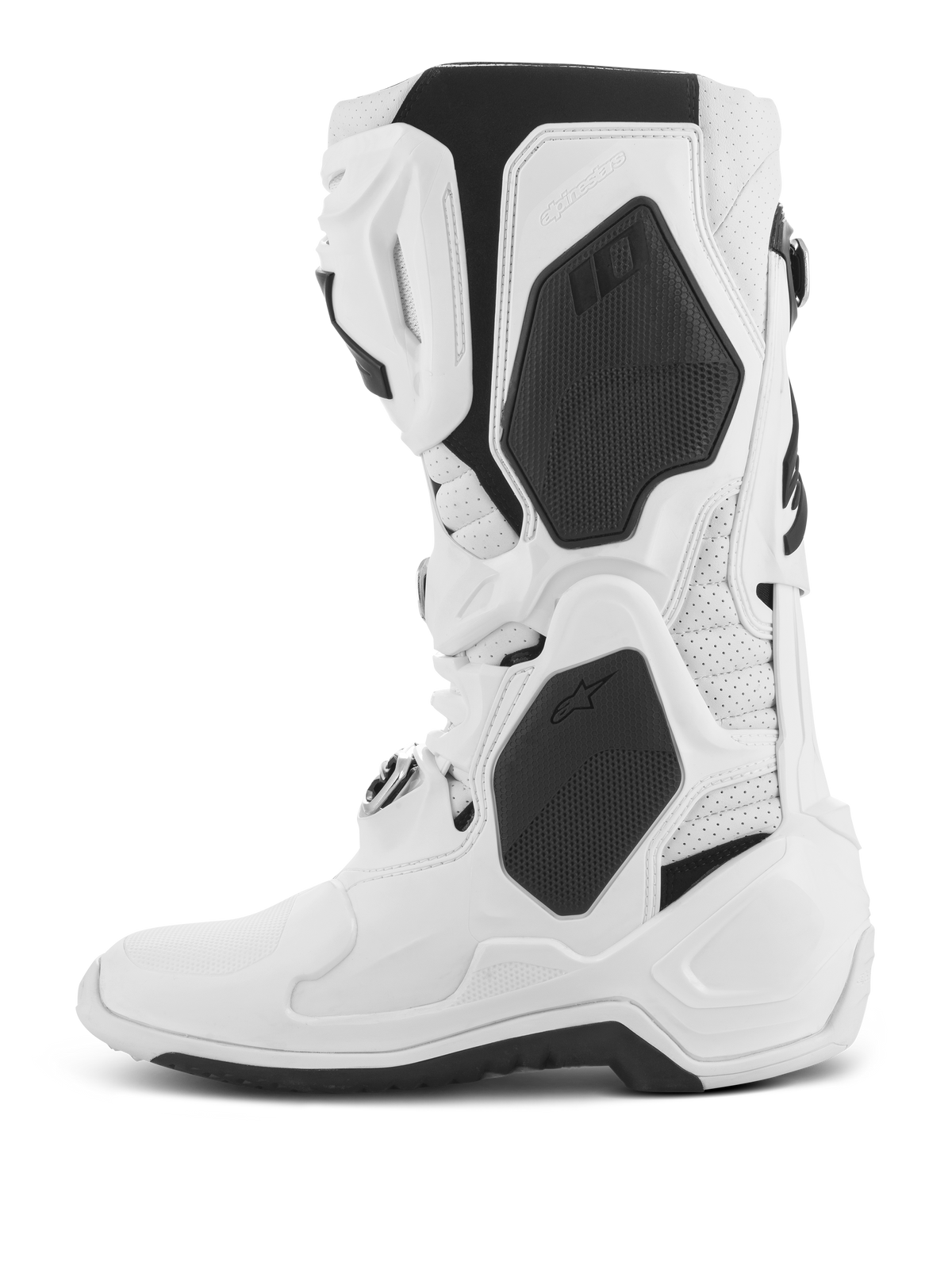 Alpinestars Tech 10 Supervented Boots, Motocross Boots, White, side profile view, featuring black TPU panels and perforated microfiber construction, ventilated shin plate for high airflow, professional off-road racing footwear