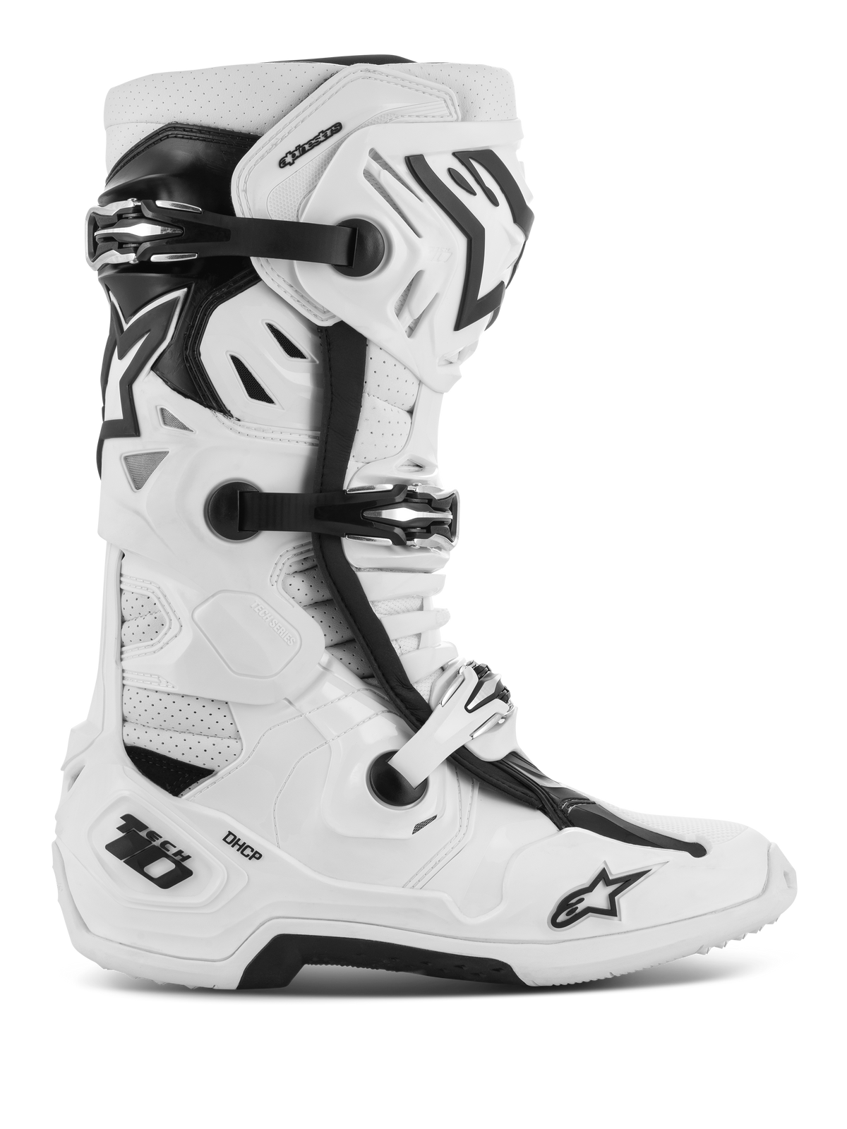 Alpinestars Tech 10 Supervented Boots, Motocross Off-Road Racing Boots, White and Black, featuring multiple adjustable buckles, perforated ventilation panels, and a rugged protective high-top design