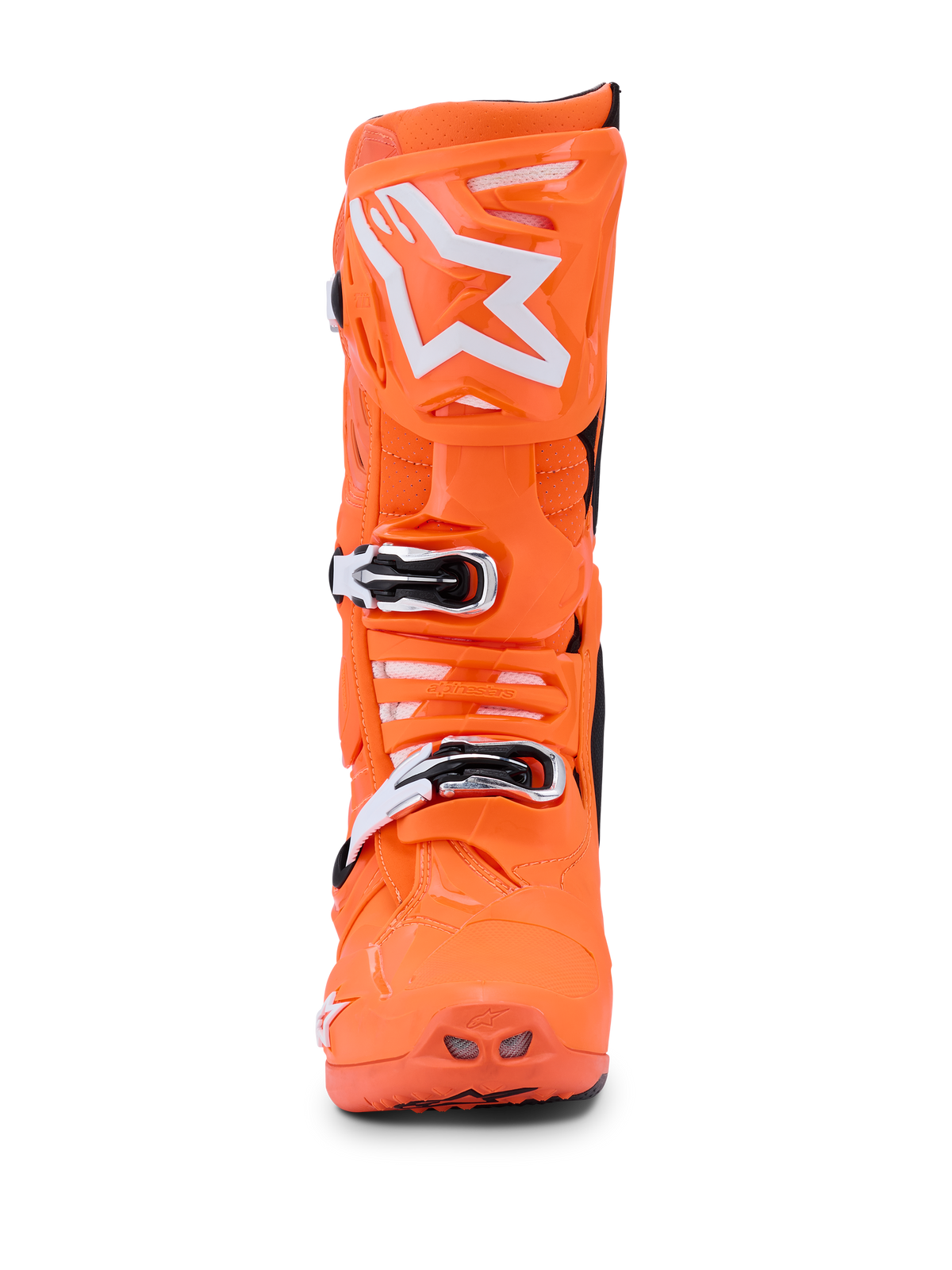 Alpinestars Tech 10 Supervented Stiefel, Orange Fluo Schwarz Weiß, Vorderansicht eines einzelnen leuchtend neonorangen Motocross-Stiefels, weißes Alpinestars Stern-Logo auf der Schienbeinplatte, mechanische Schnallen und perforierte Belüftungsöffnungen für Offroad-Performance.