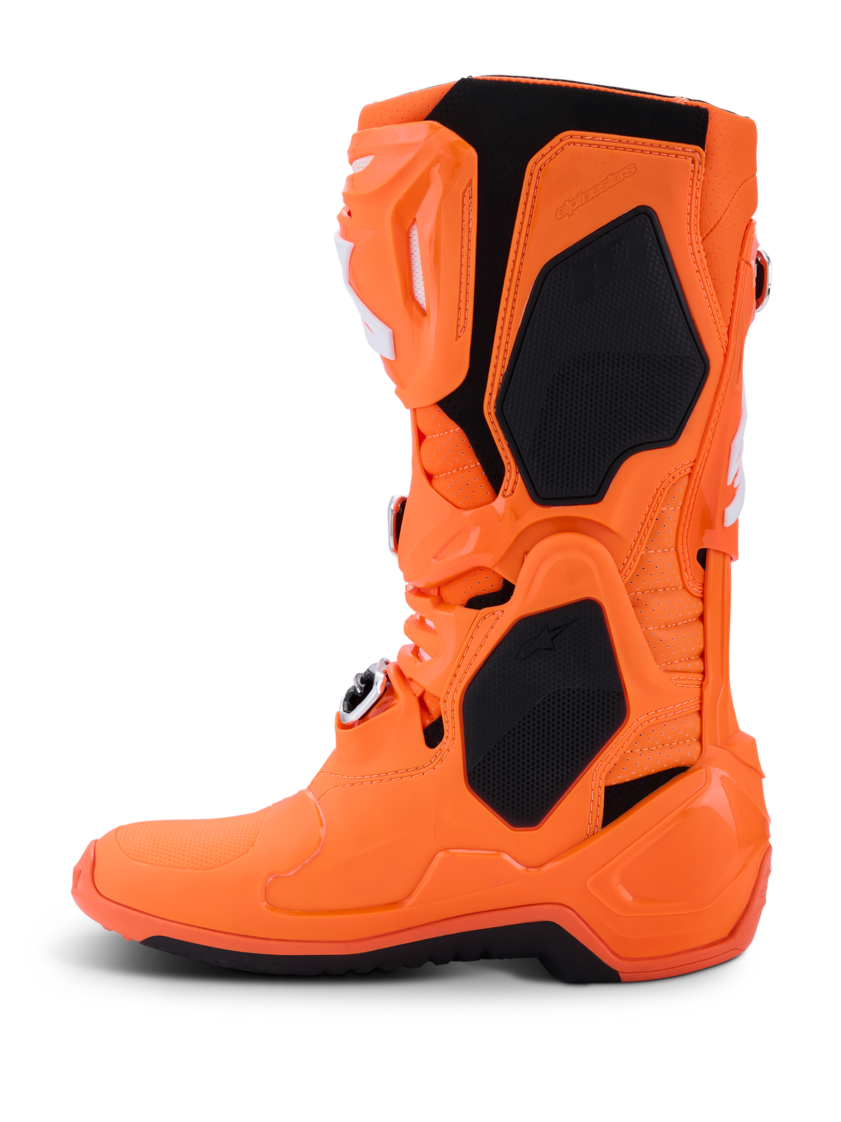 Alpinestars Tech 10 Supervented Stiefel, Motocross-Stiefel, Orange Fluo und Schwarz, Seitenansicht, mit belüfteter TPU-Schale, Mesh-Einsätzen für Luftzirkulation und verstellbarem Schnallensystem, Hochleistungs-Offroad-Rennausrüstung