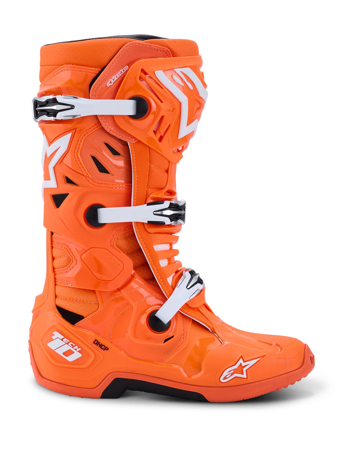 Alpinestars Tech 10 Supervented Stiefel, Motocross-Stiefel, Orange Fluo und Weiß, Seitenansicht mit weißen mechanischen Schnallen und schwarzen Akzenten, belüftetes Design mit perforierten Paneelen, erstklassiges schützendes Rennschuhwerk