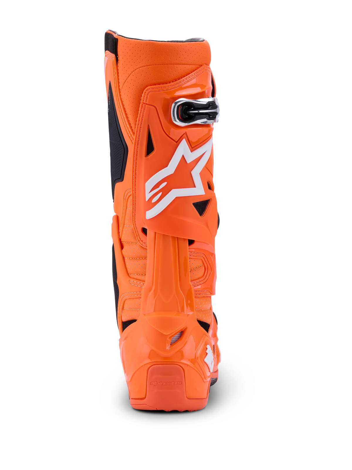 Alpinestars Tech 10 Supervented Stiefel, Orange Fluo Schwarz Weiß, Rückansicht mit dem rückseitigen Profil, starre TPU-Schale mit weißem Alpinestars-Logo, professionelles Motocross-Performance-Schuhwerk