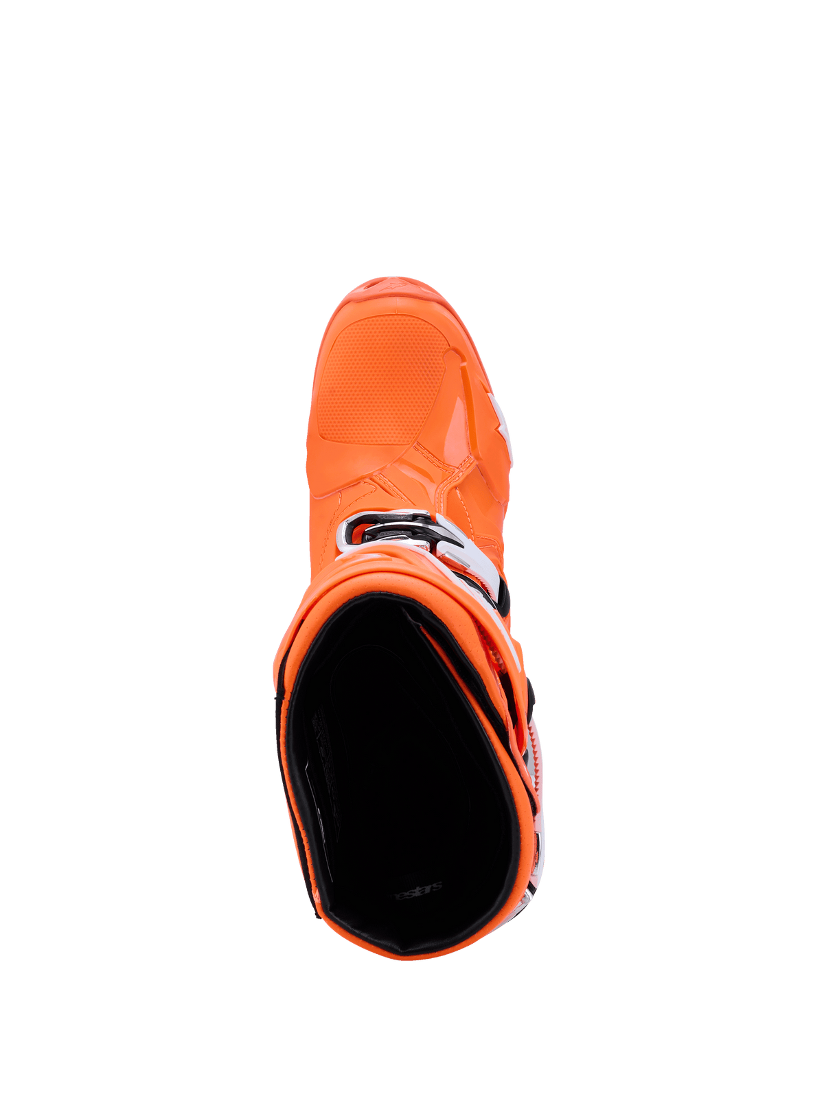 Alpinestars Tech 10 Supervented Stiefel, Fluo-Orange Schwarz Weiß, Draufsicht mit Blick in das Stiefelinnere, zeigt die strukturierte Zehenbox und die seitlichen Schnallen, fortschrittliches Motocross-Rennschuhwerk