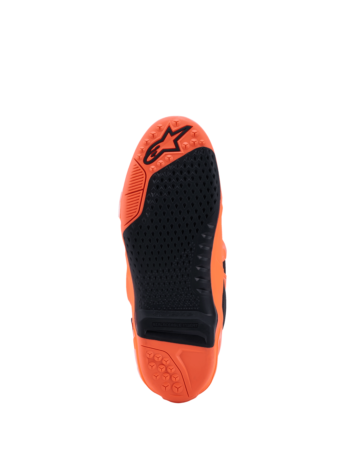 Alpinestars Tech 10 Supervented Stiefel, Orange Fluo und Schwarz, Sohlenansicht mit texturiertem schwarzem Gummiprofil, austauschbarem Sohleneinsatz und geprägtem Logo auf der orangefarbenen Sohle, entwickelt für Motocross-Performance.