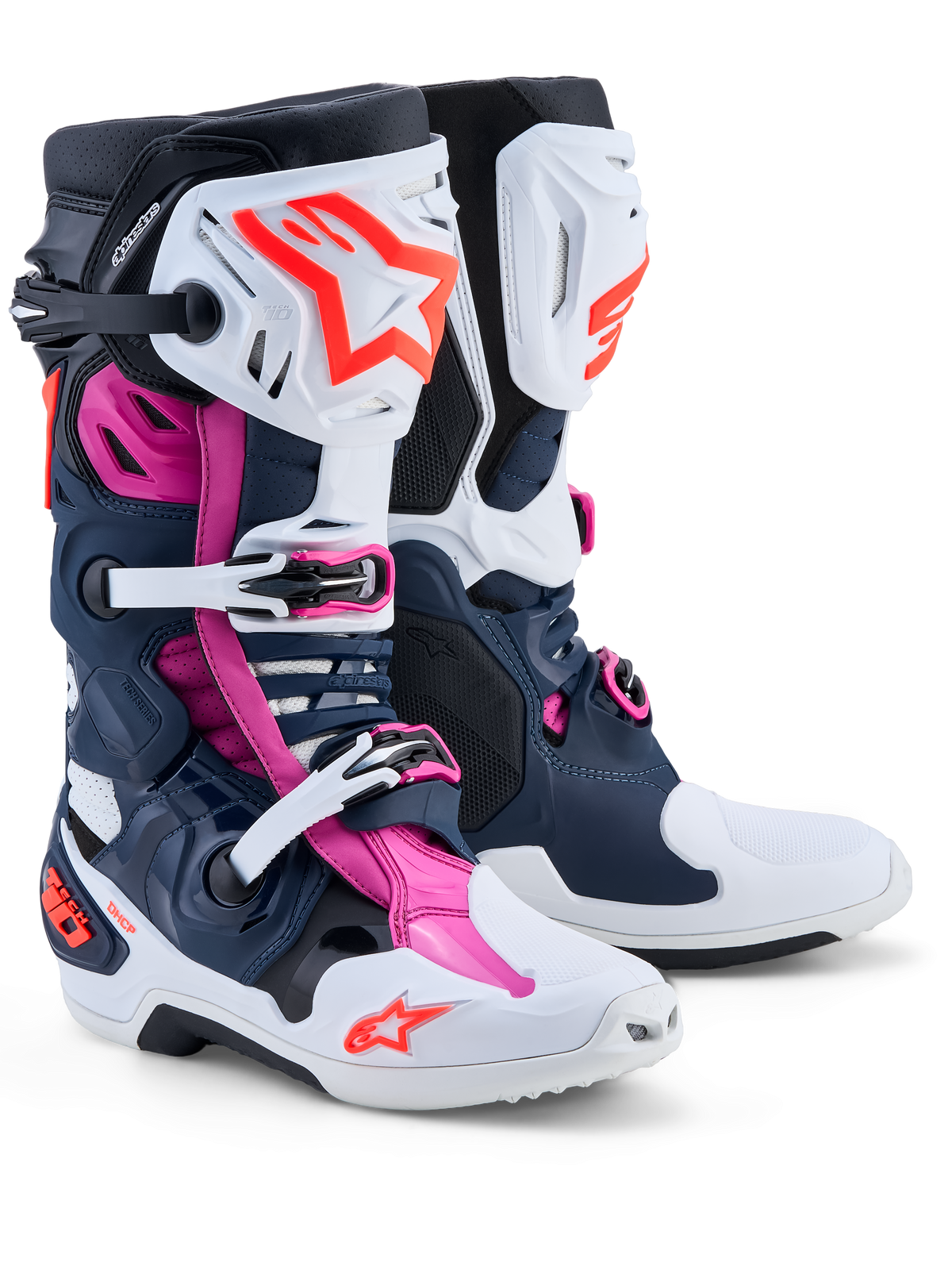 Alpinestars Tech-10 Supervented Men's Motocross Boots, dark blue, white, and fuchsia with ventilated TPU shells.