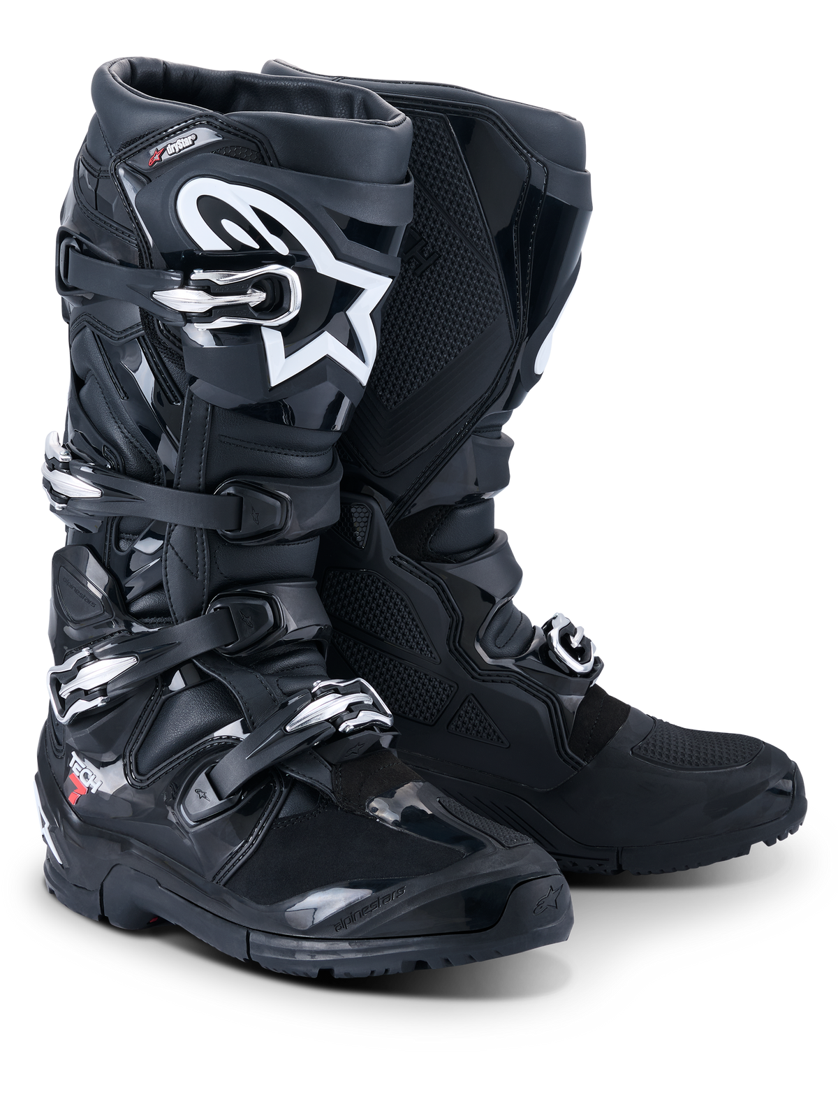 Alpinestars 2026 Tech 7 Enduro Drystar® Stiefel, professionelle Motocross- und Enduro-Stiefel, Schwarz, Vier-Schnallen-Verschlusssystem, weißes Astar-Logo am Schienbein, robuste TPU-Schutzpaneele und eine spezialisierte Sohle für Grip im Gelände.
