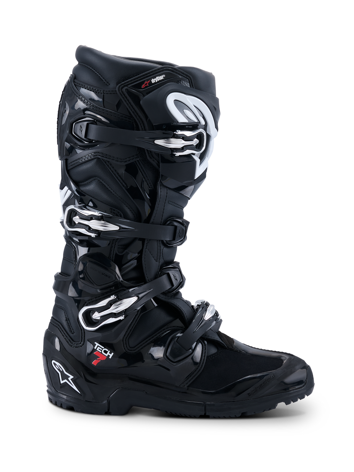 Alpinestars 2026 Tech 7 Enduro Drystar® Boots, Black off-road motorcycle boots, profile view featuring four silver buckle closures, rugged dual-compound enduro sole, and extensive TPU protection with matte and glossy black finishes.