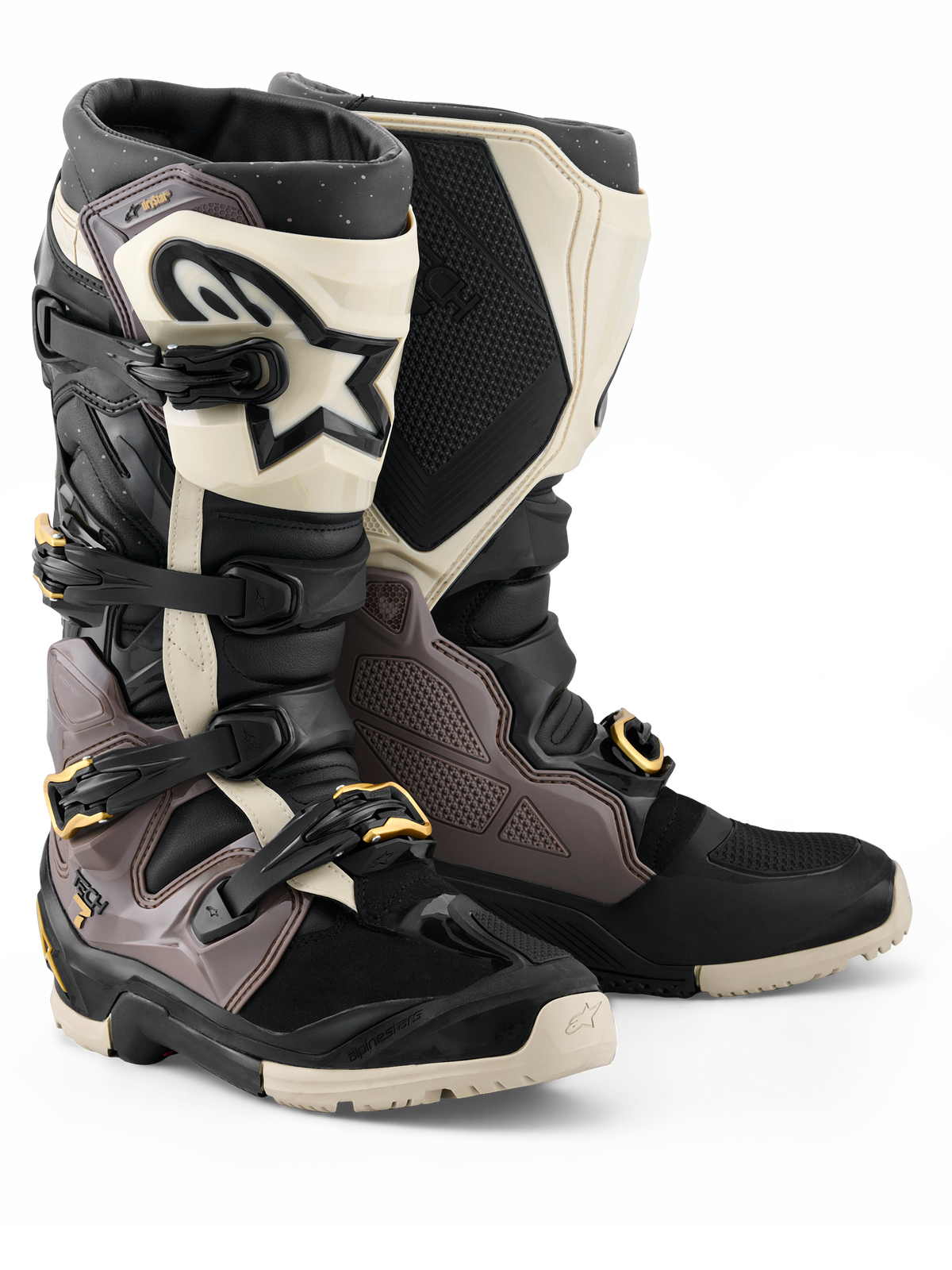 Alpinestars 2026 Tech 7 Enduro Drystar® Stiefel, Motocross- und Enduro-Stiefel, Schwarz, Dunkelgrau und Gold, mit robuster TPU-Schale, Schnellverschluss-Aluminium-Schnallen mit goldfarbenen Akzenten und großer weißer Schienbeinplatte mit schwarzem Logo, entwickelt für Strapazierfähigkeit im Gelände