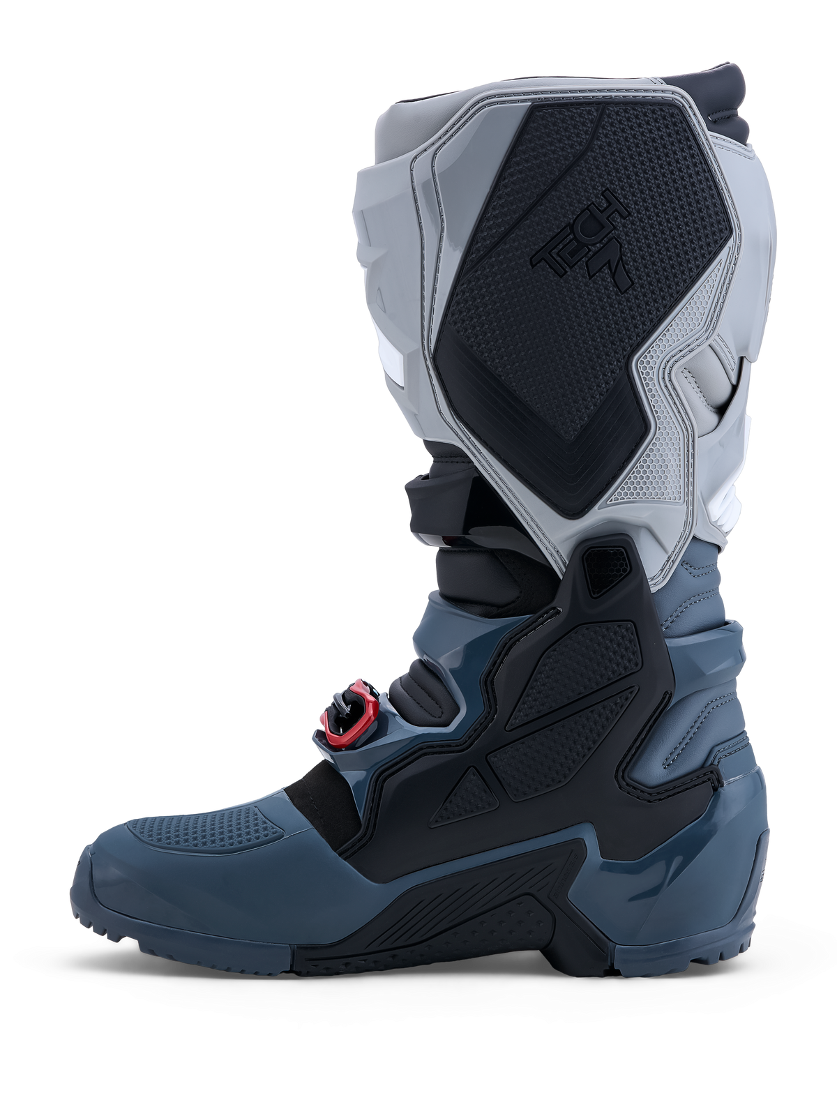 Alpinestars Tech 7 Enduro Drystar Stiefel, wasserdichte Offroad-Motorradstiefel in Grau mit rotem Schnallenakzent.