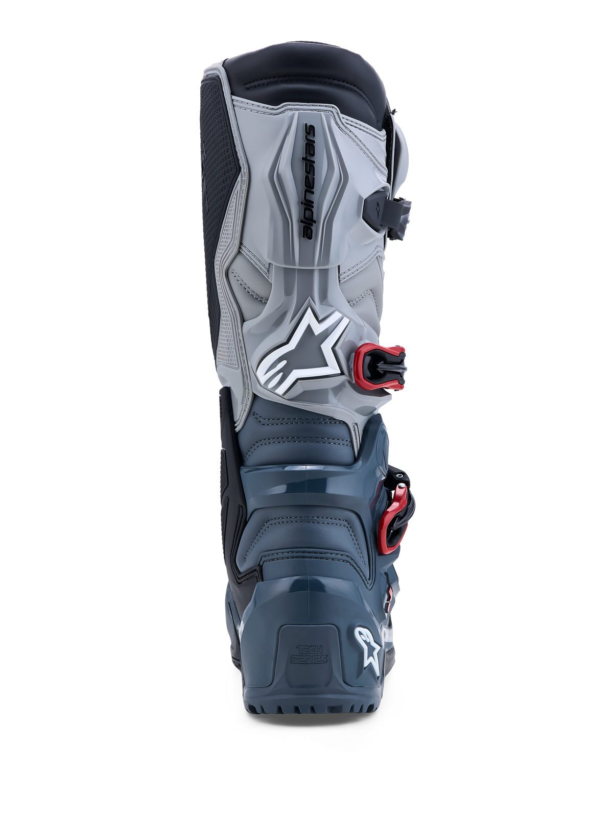 Alpinestars Tech 7 Enduro Drystar® Stiefel, wasserdichte Offroad-Motorradstiefel, Dunkelgrau und Rot, TPU-Schutz, Rückansicht.