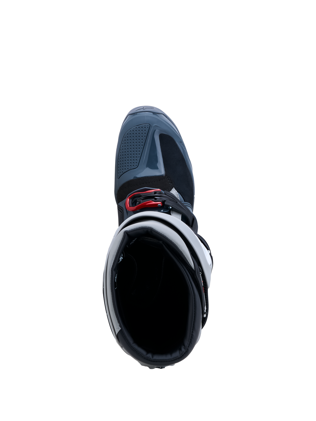 Alpinestars Tech 7 Enduro Drystar Stiefel, wasserdichte Offroad-Motorradstiefel in Grau und Rot, CE-zertifiziert, Draufsicht mit Blick in die Stiefelöffnung.
