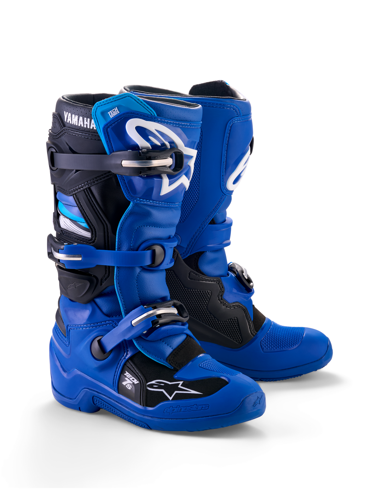 Alpinestars Yamaha Youth Tech 7S Boots, Motocross Boots, Blue Black and White, featuring a multi-buckle closure system, TPU protective shell, and white Alpinestars logos with Yamaha branding on the cuff
