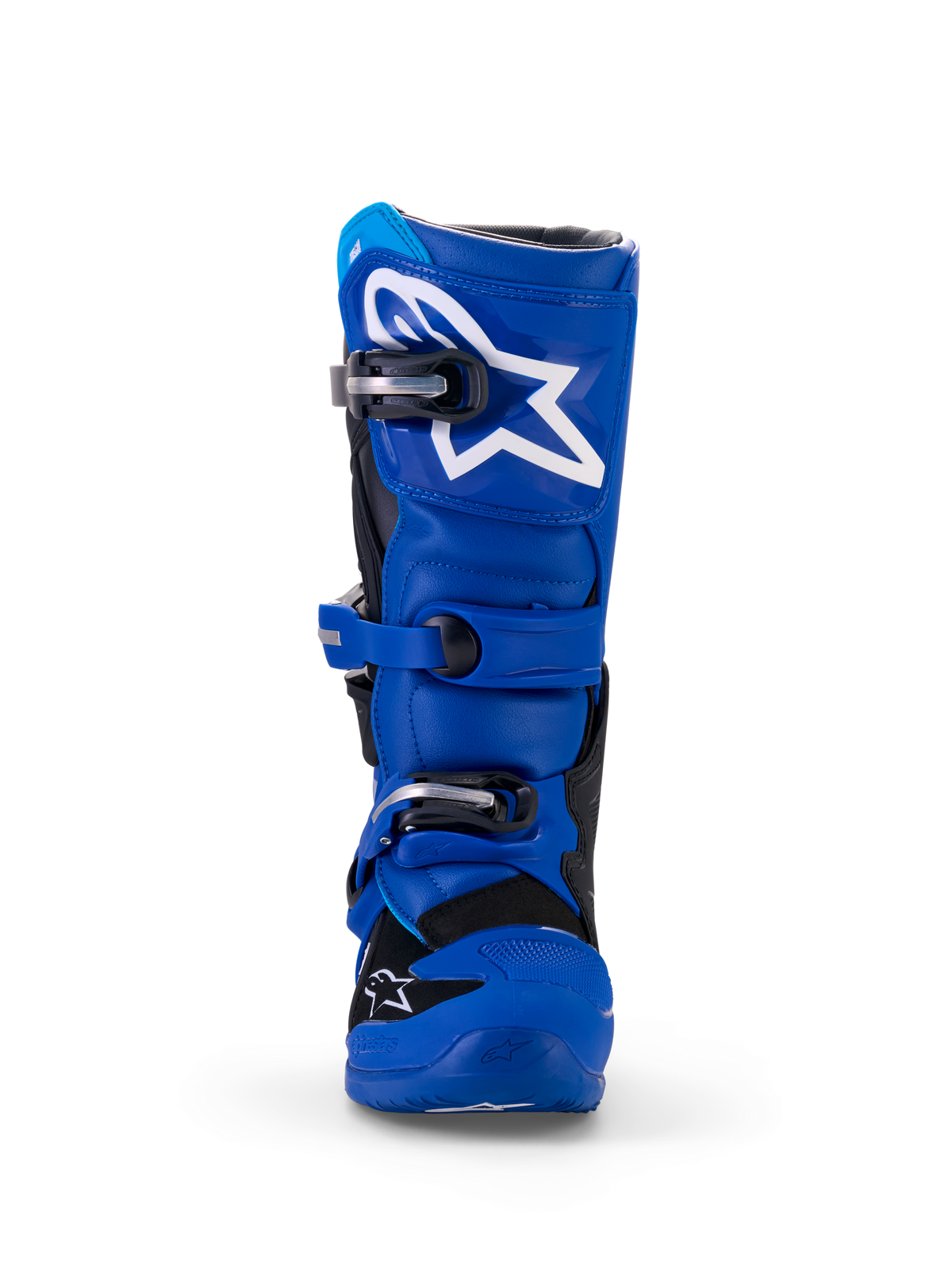 Alpinestars Yamaha Youth Tech 7S Boots, Motocross Boots, Blue Black and White, front view showing TPU shin plate with white star logo, adjustable buckle closure system, and durable off-road protective construction.