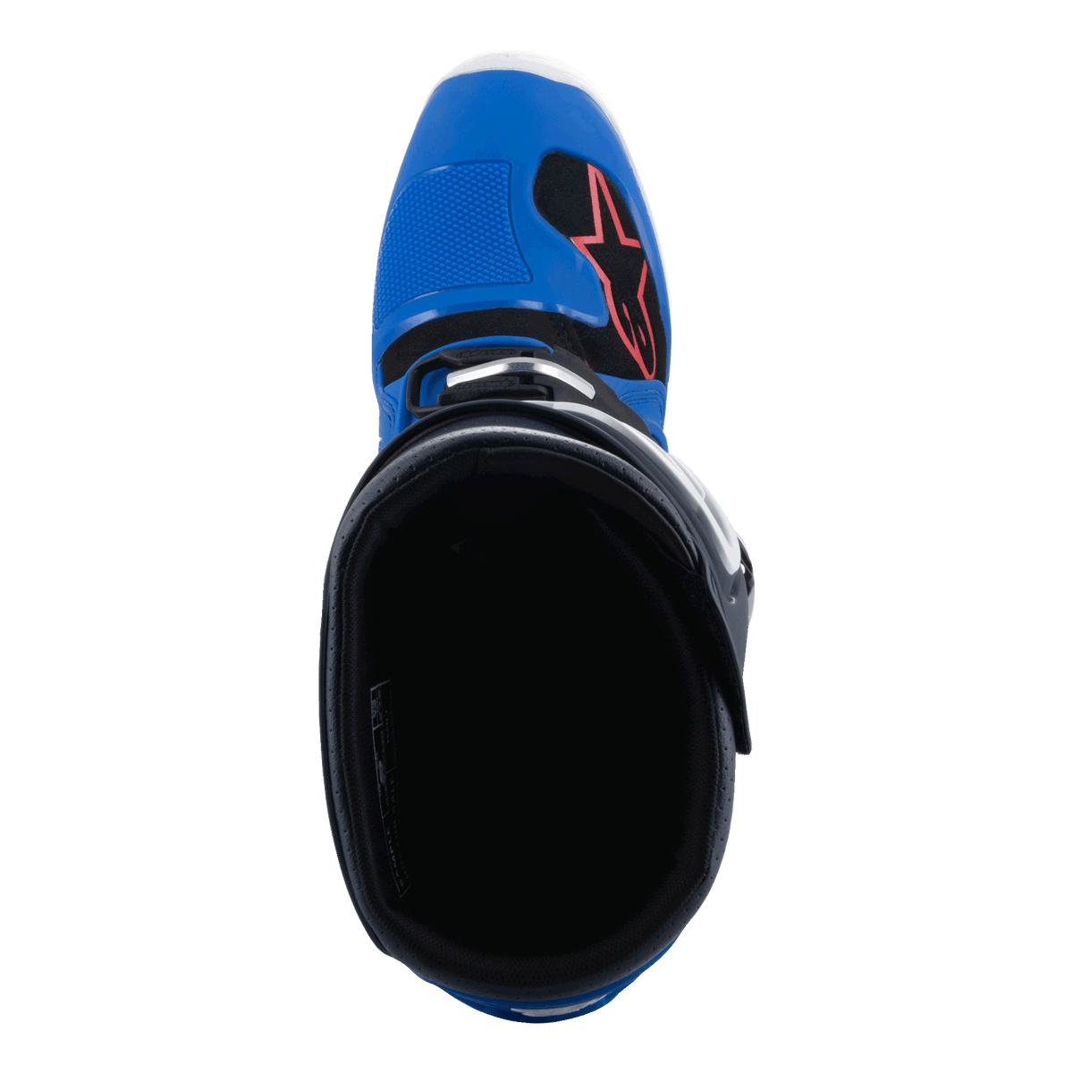 Alpinestars Tech 7 Stiefel, Motocross-Stiefel, Alpine Blue Night Navy und Bright Red, Draufsicht in das Stiefelinnere, blaue Zehenkappe mit rotem Stern-Logo und schwarzem Innenfutter, professionelles Schuhwerk für Offroad-Rennsport