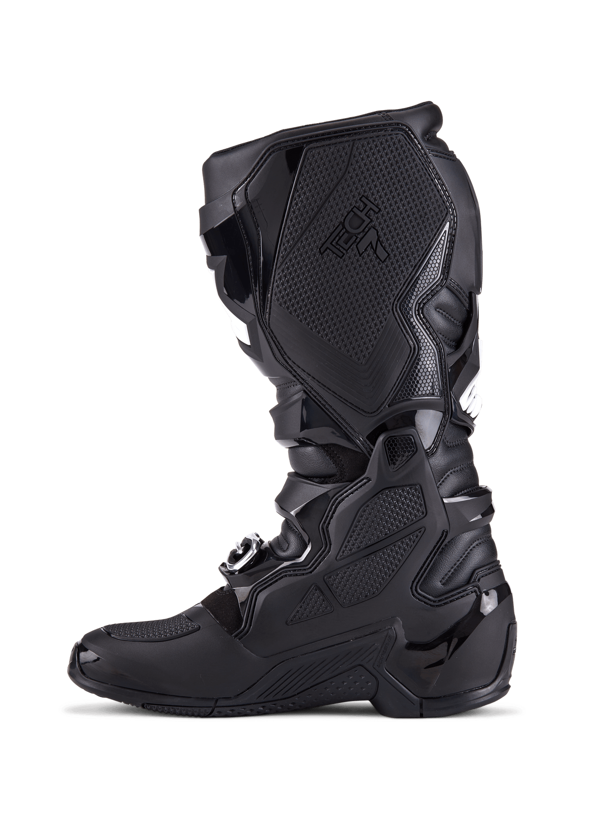 Alpinestars Tech 7 Boots, Motocross Boots, All Black, side profile view showing TPU protection plates, buckle closure system, and textured grip panels, professional off-road riding footwear