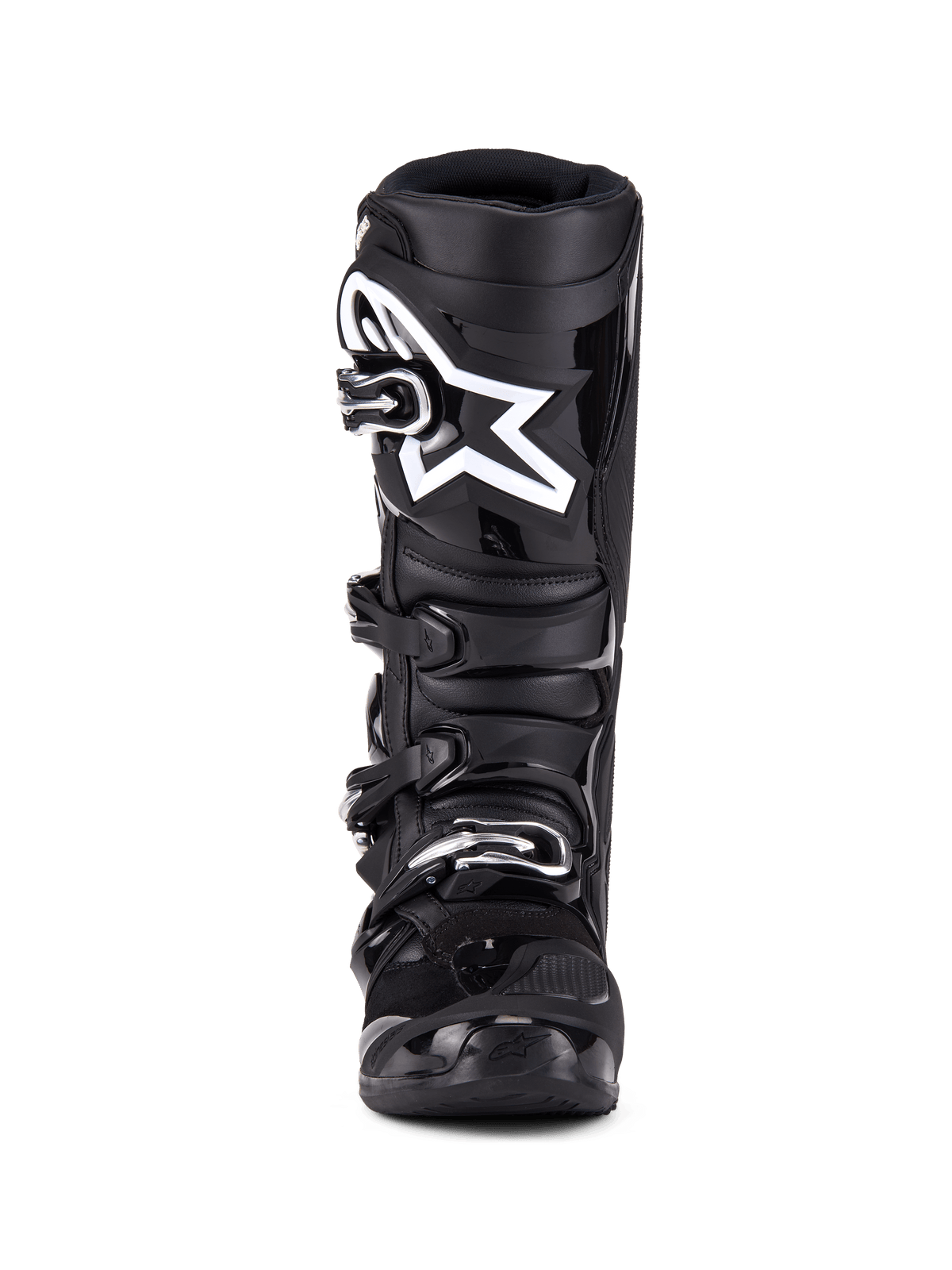 Alpinestars Tech 7 Boots, Motocross Boots, Black, front view featuring a four-buckle closure system, prominent white Alpinestars star logo on the shin plate, durable TPU shell and reinforced protection for off-road racing.