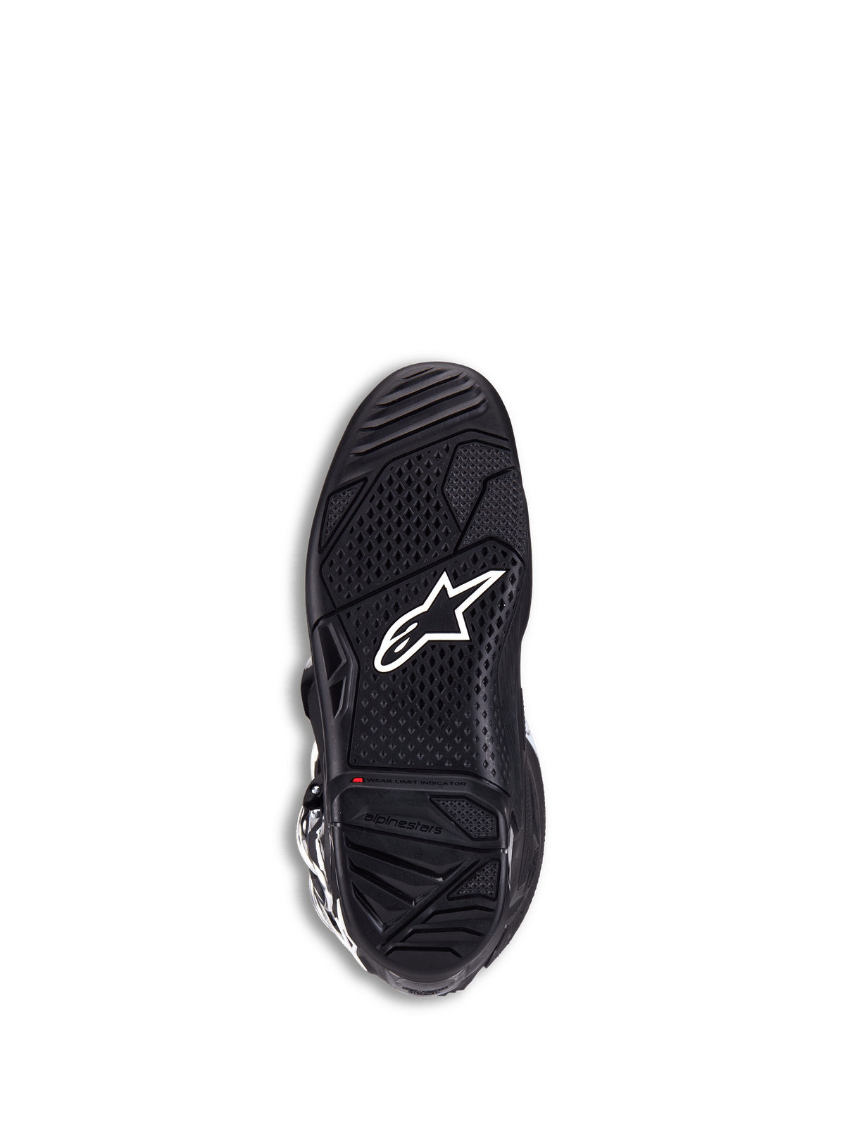 Alpinestars Tech 7 Boots, Motocross Boots, Black, bottom sole view featuring white star logo, textured dual-compound rubber for maximum grip, red wear limit indicator